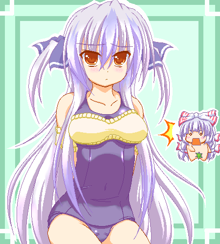 kamishirasawa keine, touhou, lowres, 2girls, breasts, female focus, multiple girls, oekaki, one-piece swimsuit, school swimsuit, solo, swimsuit