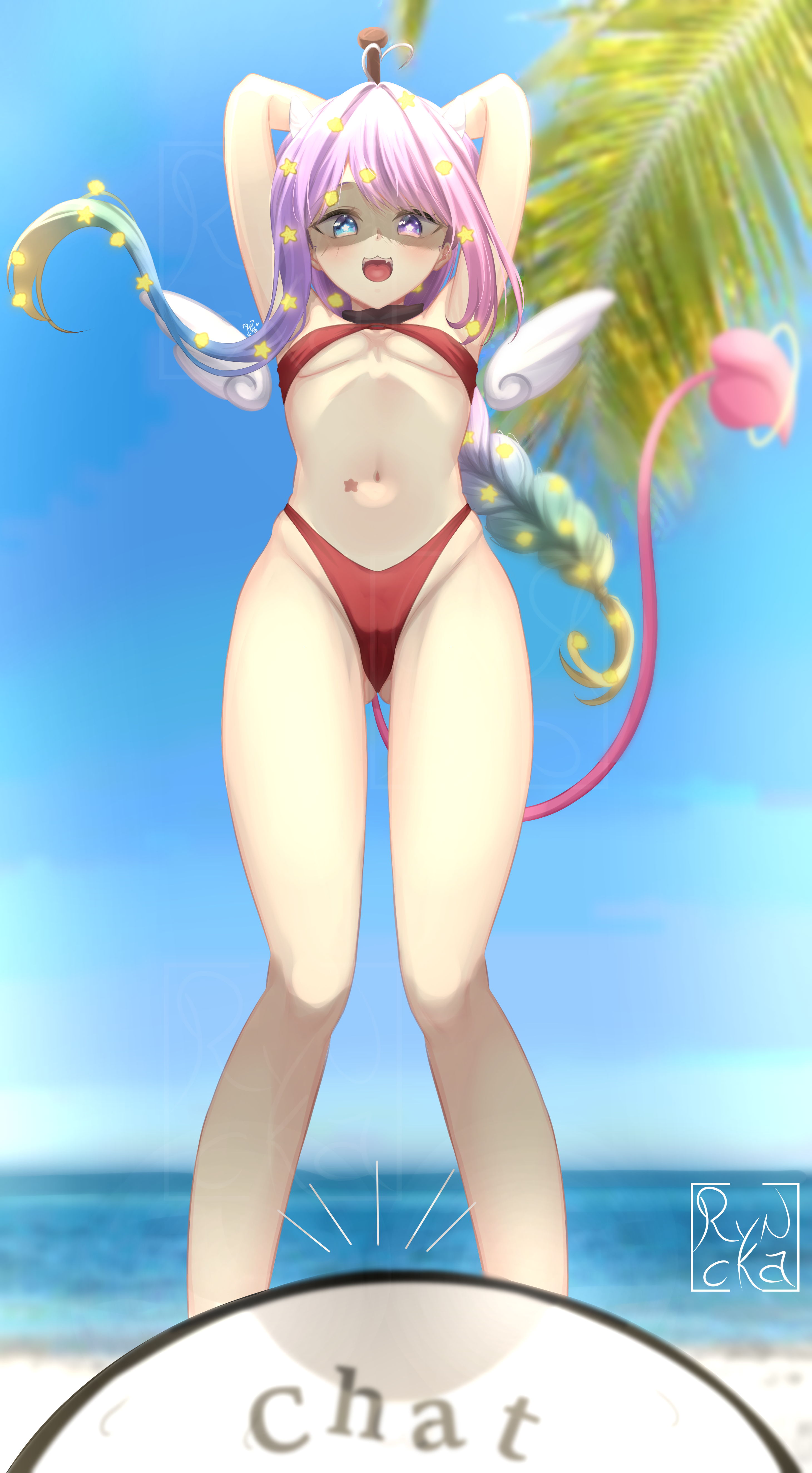 ryncka, emberlith, indie virtual youtuber, 1girl, arms up, artist name, beach, bikini, blue eyes, blue sky, blurry, blurry background, braid, breasts, cameltoe, day, feet out of frame, female focus, from below, gradient hair, heterochromia, imminent attack, long hair, looking at viewer, looking down, low-braided long hair, low-tied long hair, multicolored hair, navel, ocean, open mouth, outdoors, petite, pov, purple eyes, red bikini, sand, shaded face, single sidelock, sky, small breasts, smile, solo, standing, swimsuit, tail, teeth, upper teeth only, virtual youtuber, water