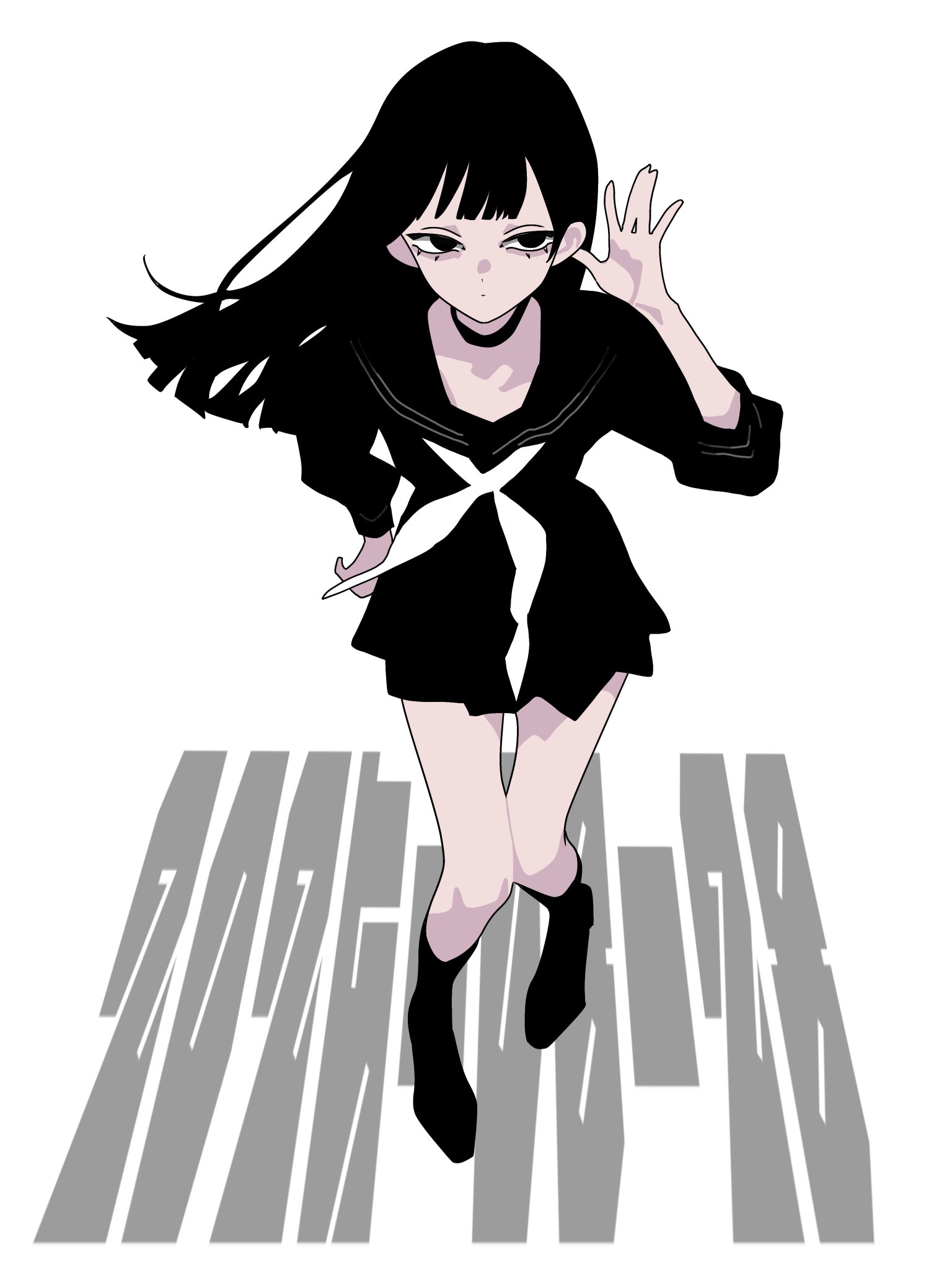minminmince, original, highres, 1girl, arm up, black choker, black eyes, black hair, black serafuku, black shirt, black shoes, black skirt, choker, closed mouth, cupping ears, dated, dot mouth, flat color, floating hair, from above, full body, hair behind ear, hand on own ear, hand on own hip, kneehighs, knees together feet apart, long hair, long sleeves, looking at viewer, neckerchief, pigeon-toed, pleated skirt, ribbon, sailor collar, school uniform, serafuku, shirt, shoes, simple background, skirt, socks, solo, standing, white background, white neckerchief, white ribbon