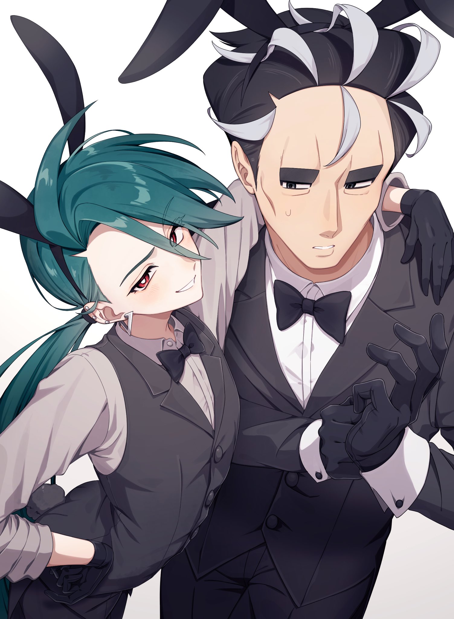 tomato 0429, larry (pokemon), rika (pokemon), nintendo, pokemon, pokemon sv, highres, 1boy, 1girl, animal ears, black vest, collared shirt, earrings, formal clothes, gloves, green hair, jewelry, multicolored hair, necktie, ponytail, rabbit ears, red eyes, shirt, suit, thick eyebrows, two-tone hair, vest