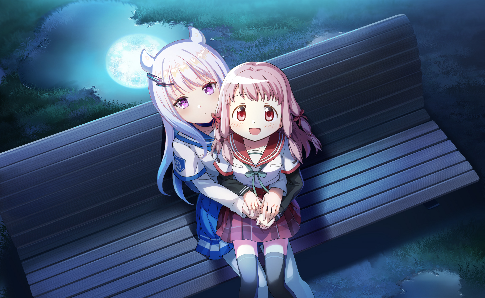 eternal sakura, tamaki ui, magia record: mahou shoujo madoka magica gaiden, mahou shoujo madoka magica, mahou shoujo madoka magica magia exedra, artist request, game cg, highres, official art, 2girls, beads, black sleeves, black thighhighs, blue bow, blue bowtie, blue sailor collar, blue skirt, bow, bowtie, breast pocket, closed mouth, collarbone, colored tips, dot nose, expressionless, eyelashes, feet out of frame, from above, full moon, grass, hair beads, hair bow, hair horns, hair ornament, hairclip, hand on another's hand, happy, high-waist skirt, hug, kamihama university affiliated school uniform, layered sleeves, light blush, long hair, long sleeves, looking at viewer, minaminagi liberty academy school uniform, miniskirt, moon, multicolored hair, multiple girls, on bench, open mouth, pantyhose, pink bow, pink eyes, pink hair, plaid clothes, plaid skirt, pleated skirt, pocket, puddle, purple eyes, red sailor collar, red skirt, reflection, reflective water, sailor collar, school uniform, shirt, short over long sleeves, short sleeves, sitting, sitting on lap, sitting on person, skirt, smile, tareme, thighhighs, very long hair, white hair, white pantyhose, white shirt, zettai ryouiki