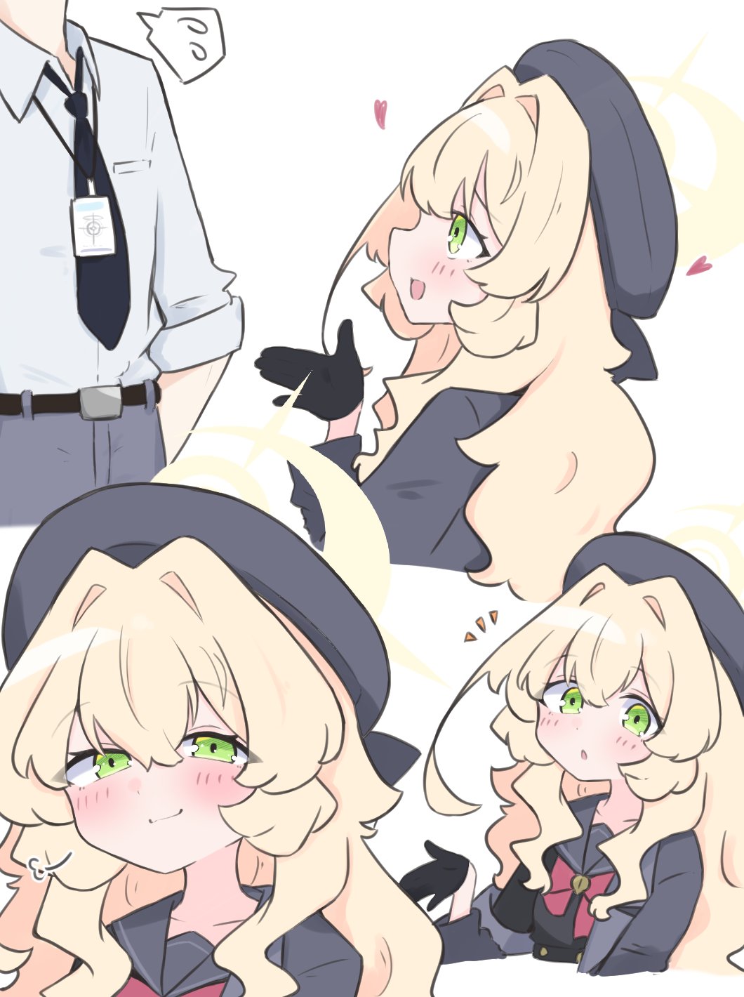 kujou karasuma, professor niyaniya (blue archive), sensei (blue archive), blue archive, commentary request, highres, 1boy, 1girl, :d, beret, black gloves, black necktie, black shirt, blonde hair, blush, bow, closed mouth, collared shirt, cropped torso, dress shirt, flying sweatdrops, gloves, green eyes, grey hat, grey jacket, grey pants, grey sailor collar, hair between eyes, half gloves, halo, hat, heart, jacket, lanyard, long hair, multiple views, necktie, notice lines, open clothes, open jacket, open mouth, pants, parted lips, profile, red bow, sailor collar, shirt, short sleeves, smile, smug, spoken flying sweatdrops, very long hair, white shirt