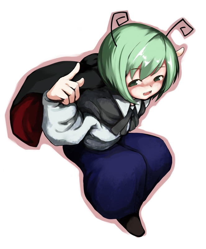 laboto, wriggle nightbug, touhou, 1girl, antennae, cape, fang, female focus, from above, green eyes, green hair, hetareya, index finger raised, matching hair/eyes, open mouth, outline, short hair, smile, solo