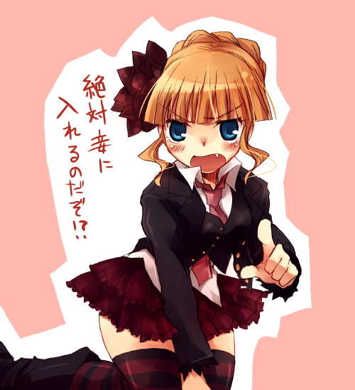 suzushiro kurumi, beatrice (umineko), umineko no naku koro ni, translation request, 00s, 1girl, :o, angry, blazer, blonde hair, blue eyes, blush, boots, fang, female focus, jacket, japanese text, kneeling, necktie, open mouth, pink background, pink necktie, pointing, red skirt, short hair, skirt, solo, striped clothes, striped thighhighs, thighhighs