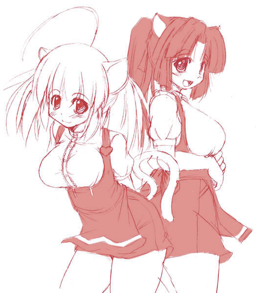 tonpuu, milk (tonpuu), pudding (tonpuu), anna miller, original, 2girls, animal ears, breasts, cat ears, cat girl, female focus, medium breasts, monochrome, multiple girls, simple background, waitress, white background