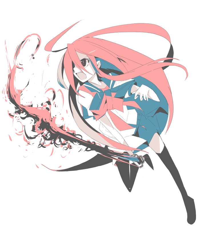 kanikama, shana, shakugan no shana, 00s, 1girl, black thighhighs, female focus, fire, flaming sword, flaming weapon, flat color, long hair, monochrome, red hair, school uniform, serafuku, solo, sword, thighhighs, very long hair, weapon, zettai ryouiki