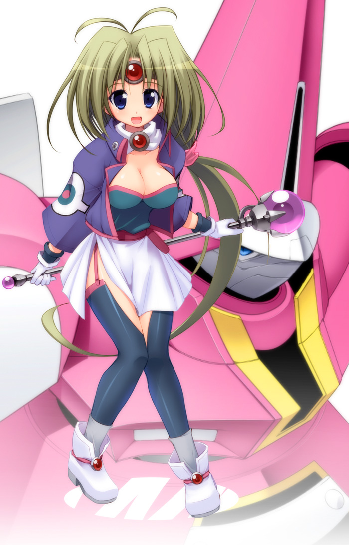 hoppege, magidora, paffy pafuricia, haou taikei ryuu knight, 1990s (style), 1girl, blonde hair, blue eyes, breasts, circlet, cleavage, garter belt, large breasts, long hair, mecha, retro artstyle, robot, staff, thighhighs, very long hair