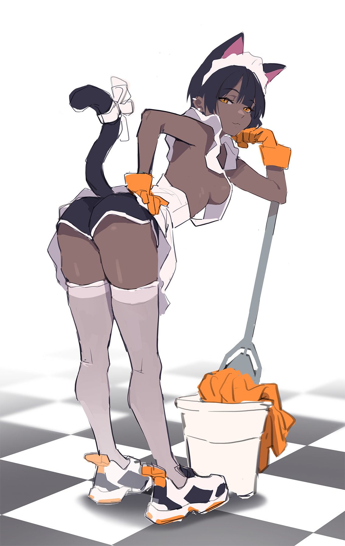 fiodo, original, commentary request, highres, 1girl, :3, animal ears, apron, ass, bent over, black hair, black shorts, breasts, cat ears, cat girl, cat tail, chessboard, dark-skinned female, dark skin, earrings, gloves, jewelry, looking at viewer, maid, maid apron, maid headdress, mop, mop bucket, orange eyes, orange gloves, shoes, short hair, shorts, sideboob, sneakers, solo, tail, tail ornament, thighhighs, white shoes