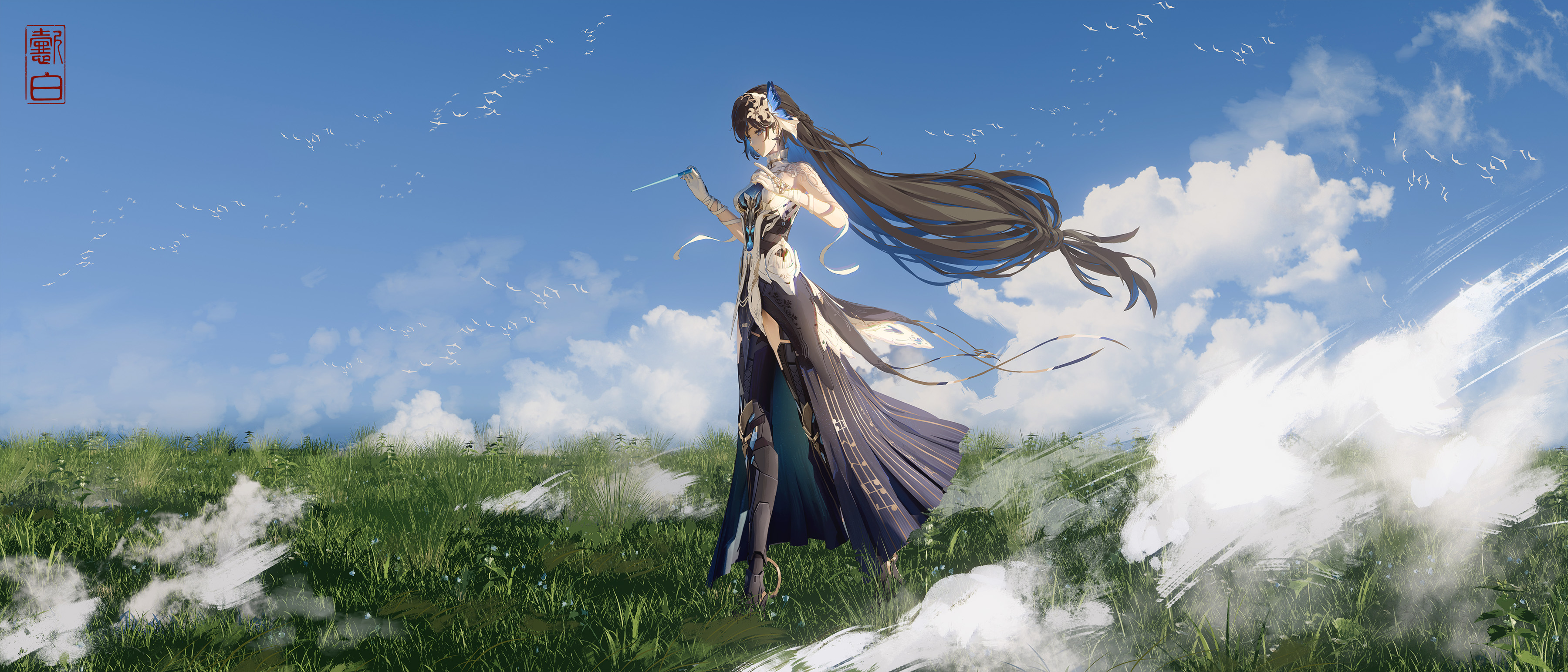 yibai, selena: pianissimo (pgr), selena (pgr), punishing: gray raven, absurdres, highres, 1girl, bandaged arm, bandages, blue butterfly, blue sky, bug, butterfly, butterfly hair ornament, cloud, colored inner hair, gloves, grass, hair ornament, insect, long hair, loose bandages, mechanical legs, multicolored hair, orchestra, scenery, sky, standing, white gloves