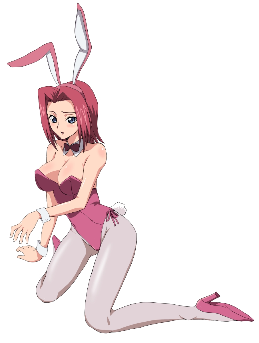 kouzuki kallen, code geass, highres, 00s, 1girl, animal ears, bare shoulders, breasts, cleavage, fake animal ears, female focus, high heels, large breasts, leotard, pantyhose, playboy bunny, rabbit ears, shoes, solo, wrist cuffs