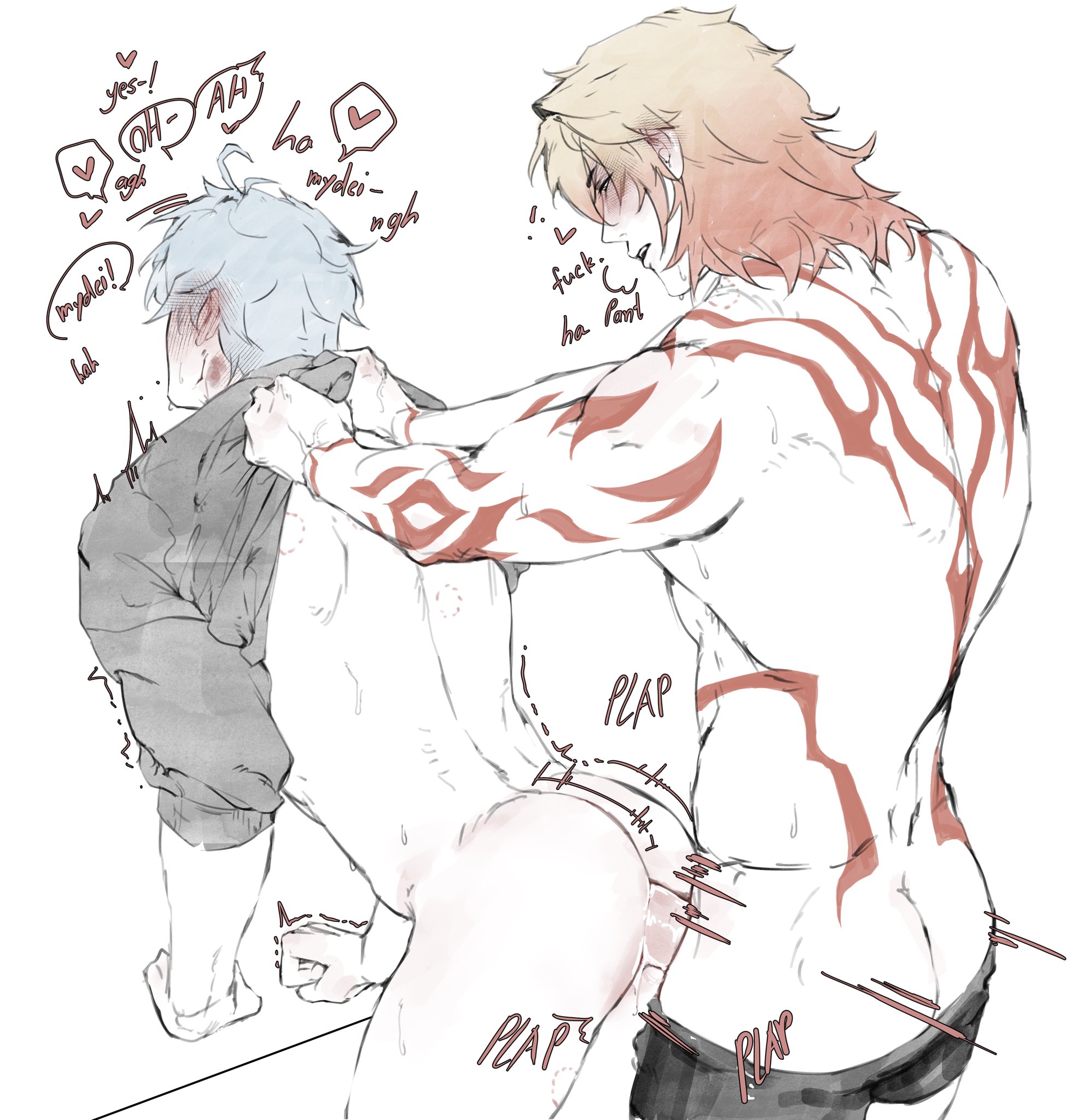 echoei3, mydei (honkai: star rail), phainon (honkai: star rail), honkai: star rail, honkai (series), commentary, english commentary, highres, 2boys, anal, antenna hair, ass, black male underwear, black shirt, blonde hair, blush, bottomless, clothes lift, curled fingers, doggystyle, erection, gradient hair, grey hair, heart, male focus, male penetrated, male underwear, medium hair, motion lines, multicolored hair, multiple boys, parted lips, penis, red hair, red tattoo, sex, sex from behind, shirt, shirt lift, sound effects, speech bubble, spoken heart, tattoo, trembling, underwear, white background, yaoi