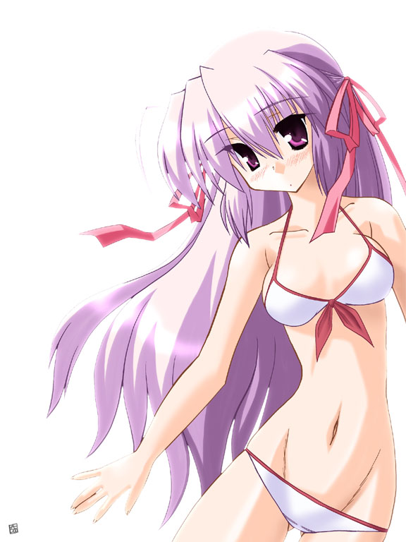 saano chia, estel freesia, yoake mae yori ruri iro na, 1girl, bikini, breasts, female focus, long hair, purple eyes, purple hair, simple background, solo, swimsuit, very long hair, white bikini