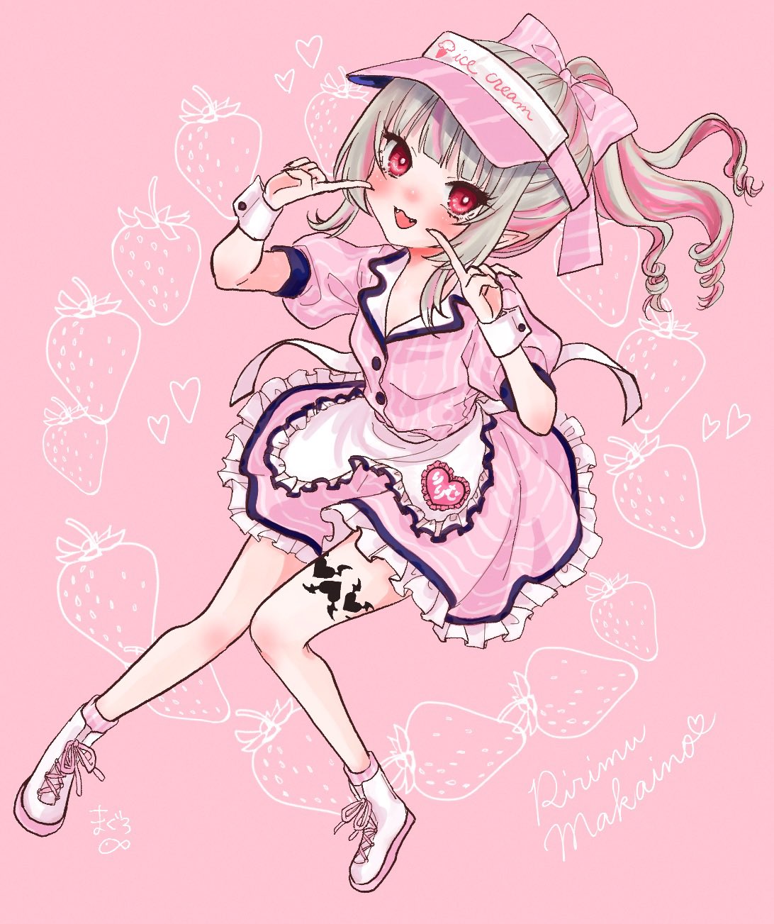 makaino ririmu, nijisanji, highres, 1girl, :3, ankle boots, ankle socks, apron, blue sleeve cuffs, blue trim, blunt bangs, boots, bow, breasts, character name, colored inner hair, drill hair, drill ponytail, dutch angle, fangs, fingers to cheeks, floating hair, frilled skirt, frills, from above, full body, grey hair, hair over shoulder, heart, jacket, knees together feet apart, lapels, leg tattoo, looking at viewer, multicolored hair, name tag, nekoito maguro, official alternate costume, official alternate hairstyle, open mouth, pink background, pink bow, pink hair, pink jacket, pink skirt, pink socks, pointy ears, puffy short sleeves, puffy sleeves, red eyes, shoelaces, short sleeves, sidelocks, signature, sitting, skirt, small breasts, smile, socks, solo, strawberry background, streaked hair, striped bow, striped clothes, striped jacket, striped skirt, striped socks, tattoo, vertical-striped bow, vertical-striped clothes, vertical-striped jacket, vertical-striped socks, virtual youtuber, visor cap, waist apron, waitress, white boots, white wrist cuffs, winged heart, winged heart tattoo, wrist cuffs