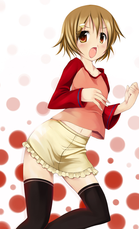 hubrael, mako-chan (minami-ke), makoto (minami-ke), minami-ke, original, 00s, 1boy, brown eyes, brown hair, crossdressing, crossdressing (mtf), hair ornament, hairclip, male focus, raglan sleeves, short hair, skirt, solo, thighhighs, trap, white background