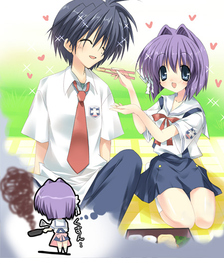 paco, fujibayashi ryou, okazaki tomoya, clannad, 00s, bad food, bento, chibi, chibi inset, cooking, failure, feeding, food, hair intakes, imagining, purple hair, school uniform, serafuku, short hair