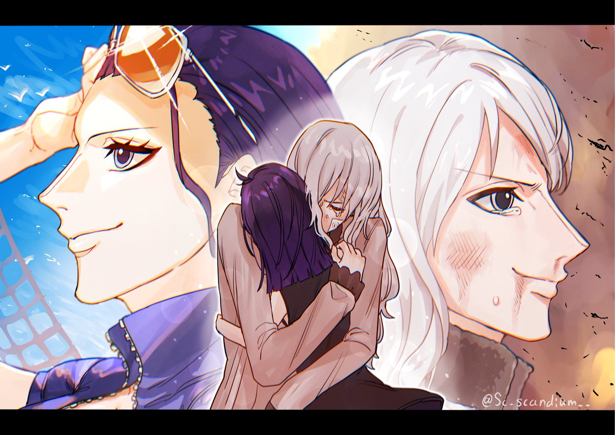 sc scandium, nico olvia, nico robin, one piece, 2girls, artist name, black hair, blue eyes, crying, mother and daughter, multiple girls, signature, sunglasses, tears, twitter username, white hair