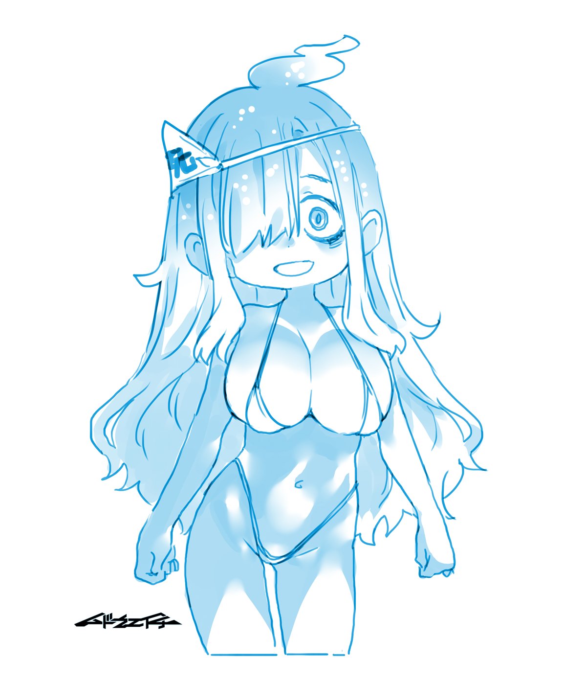 mudou eichi, original, highres, 1girl, bikini, breasts, ghost, large breasts, long hair, looking at viewer, multicolored hair, solo, standing, swimsuit, white background