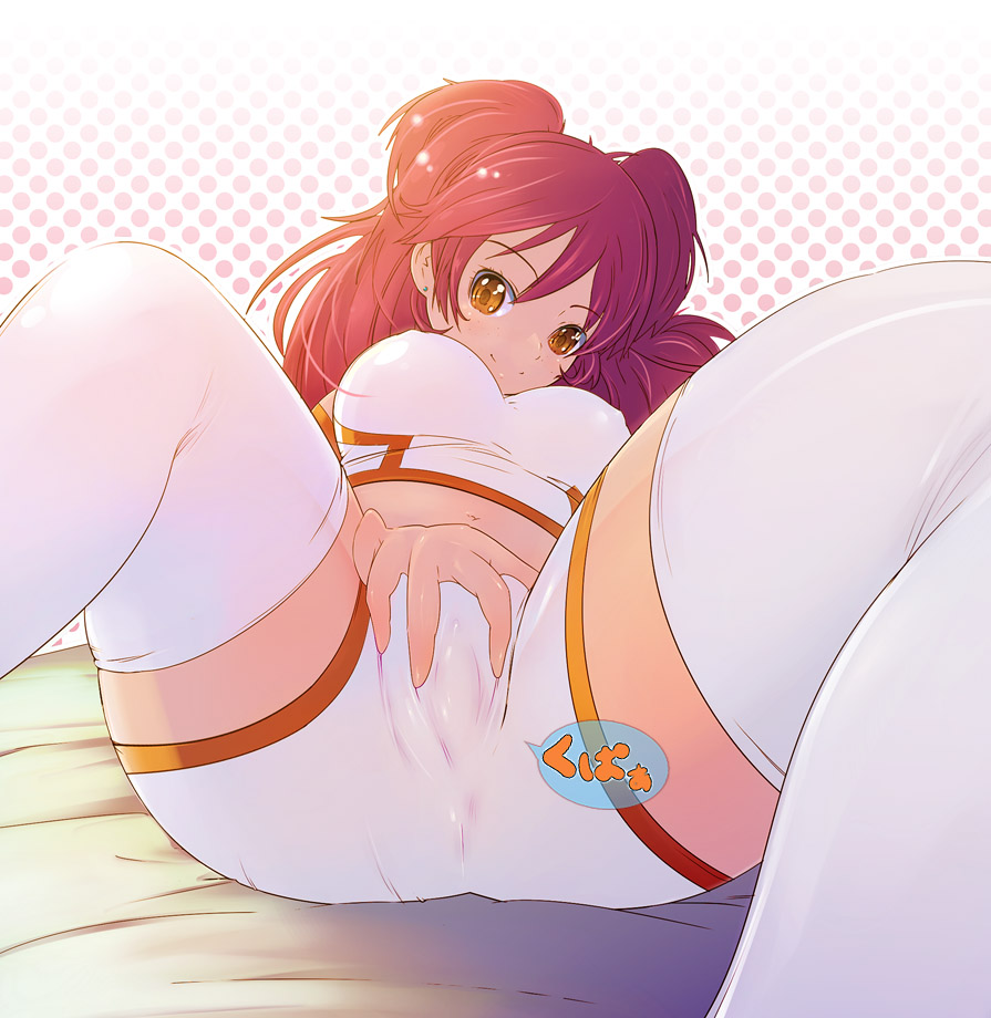 boumaru, nena trinity, gundam, gundam 00, 00s, 1girl, blush, breasts, cameltoe, covered erect nipples, female focus, freckles, kupaa, large breasts, midriff, presenting, pussy, red hair, smile, solo, spread legs, spread pussy, spread pussy under clothes, spreading own pussy, thighhighs, view between legs, yellow eyes, zettai ryouiki