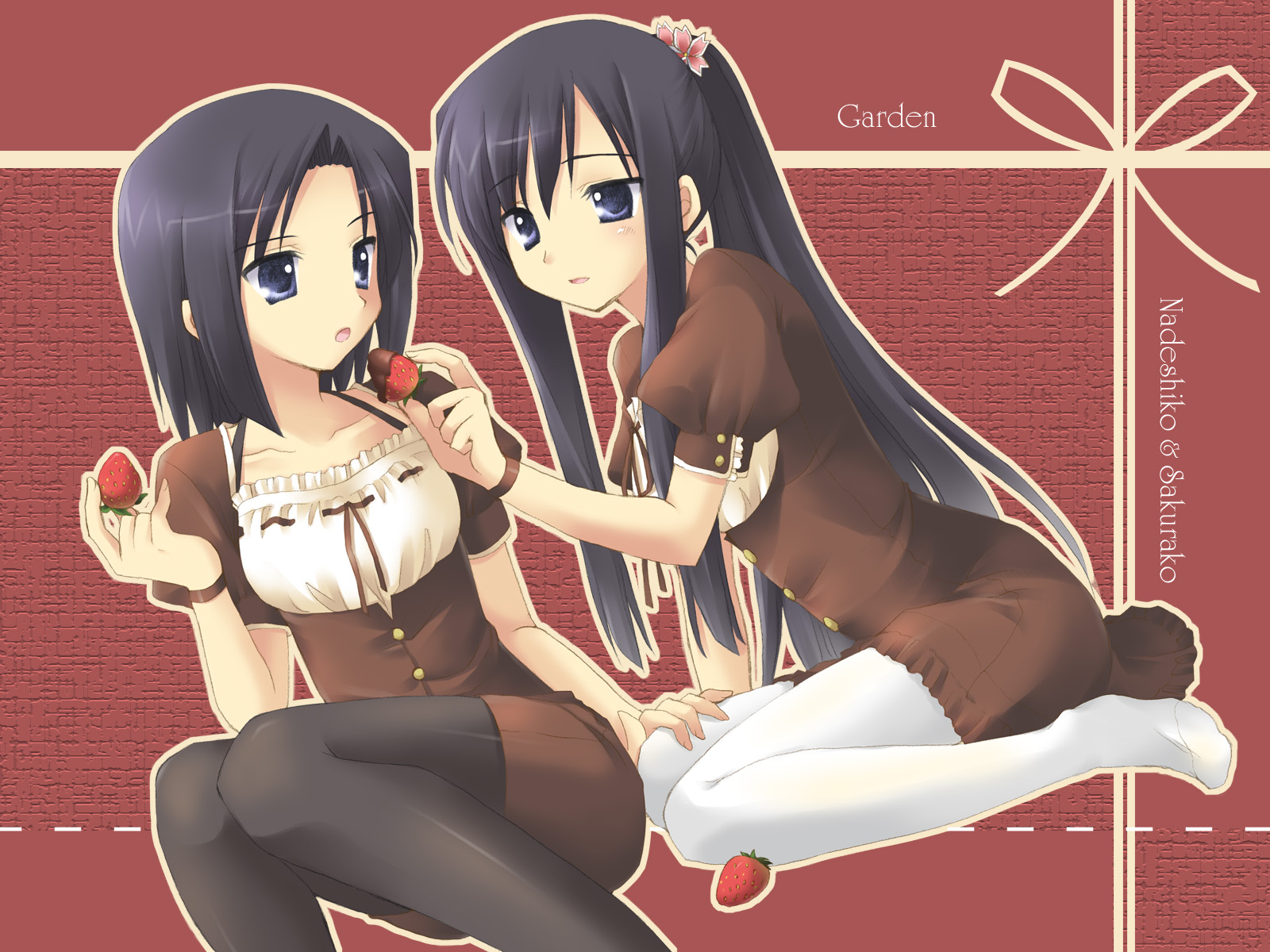 koyuki (2smj), koyuki (artist), kasuga madeshiko, kasuga nadeshiko, kasuga sakurako, garden (game), highres, 2girls, blue eyes, chocolate, chocolate-covered food, chocolate strawberry, feeding, food, fruit, multiple girls, pantyhose, siblings, sisters, strawberry, thighhighs, yuri