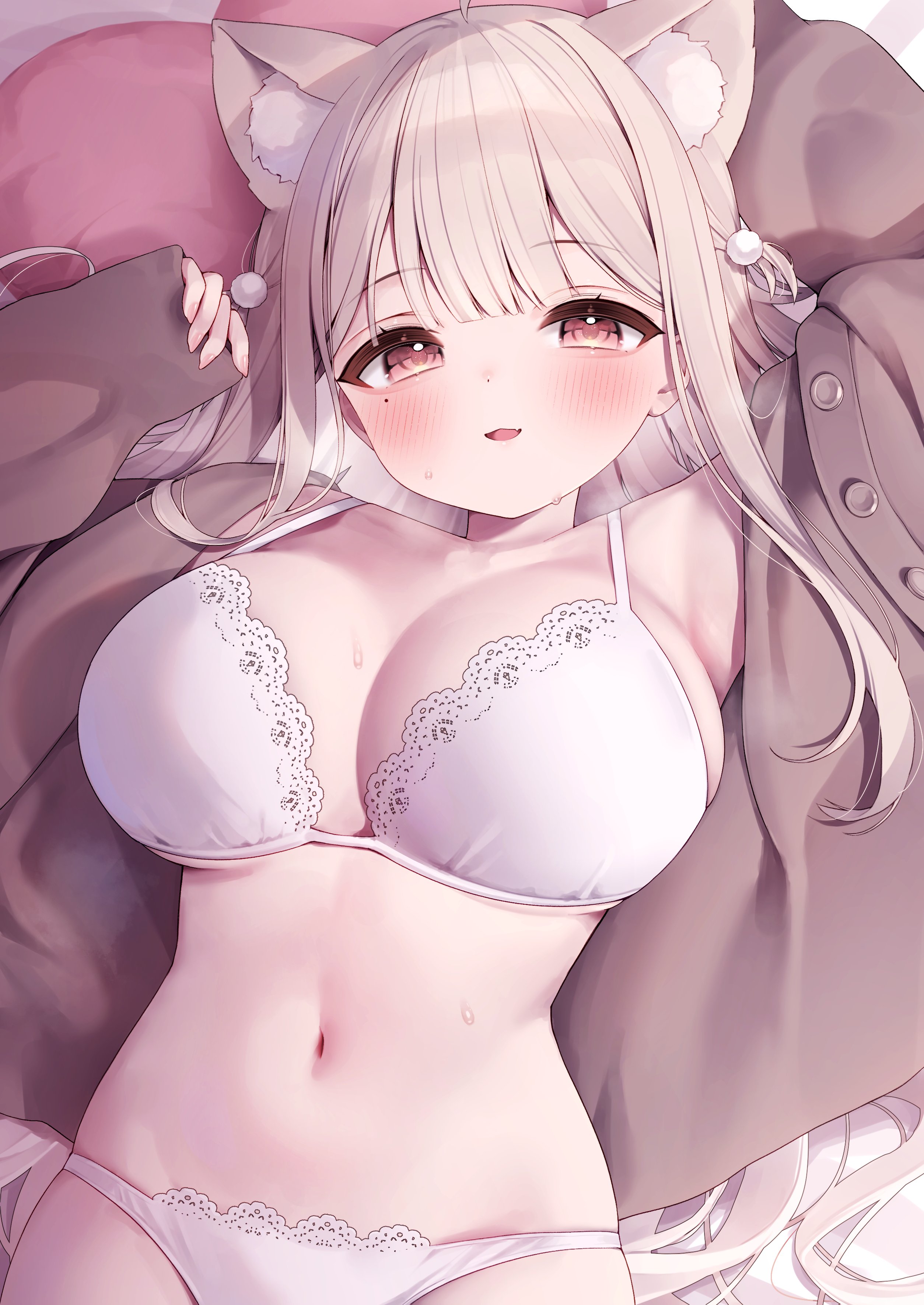 monuke (monu), uise iu, indie virtual youtuber, absurdres, highres, second-party source, 1girl, animal ear fluff, animal ears, blunt bangs, blush, bra, breasts, brown cardigan, cardigan, cat ears, cat girl, fang, fingernails, heavy breathing, large breasts, long hair, looking at viewer, lying, mole, mole under eye, navel, on back, open cardigan, open clothes, open mouth, panties, red eyes, skin fang, smile, solo, sweat, underwear, underwear only, upper body, very long hair, virtual youtuber, white bra, white hair, white panties
