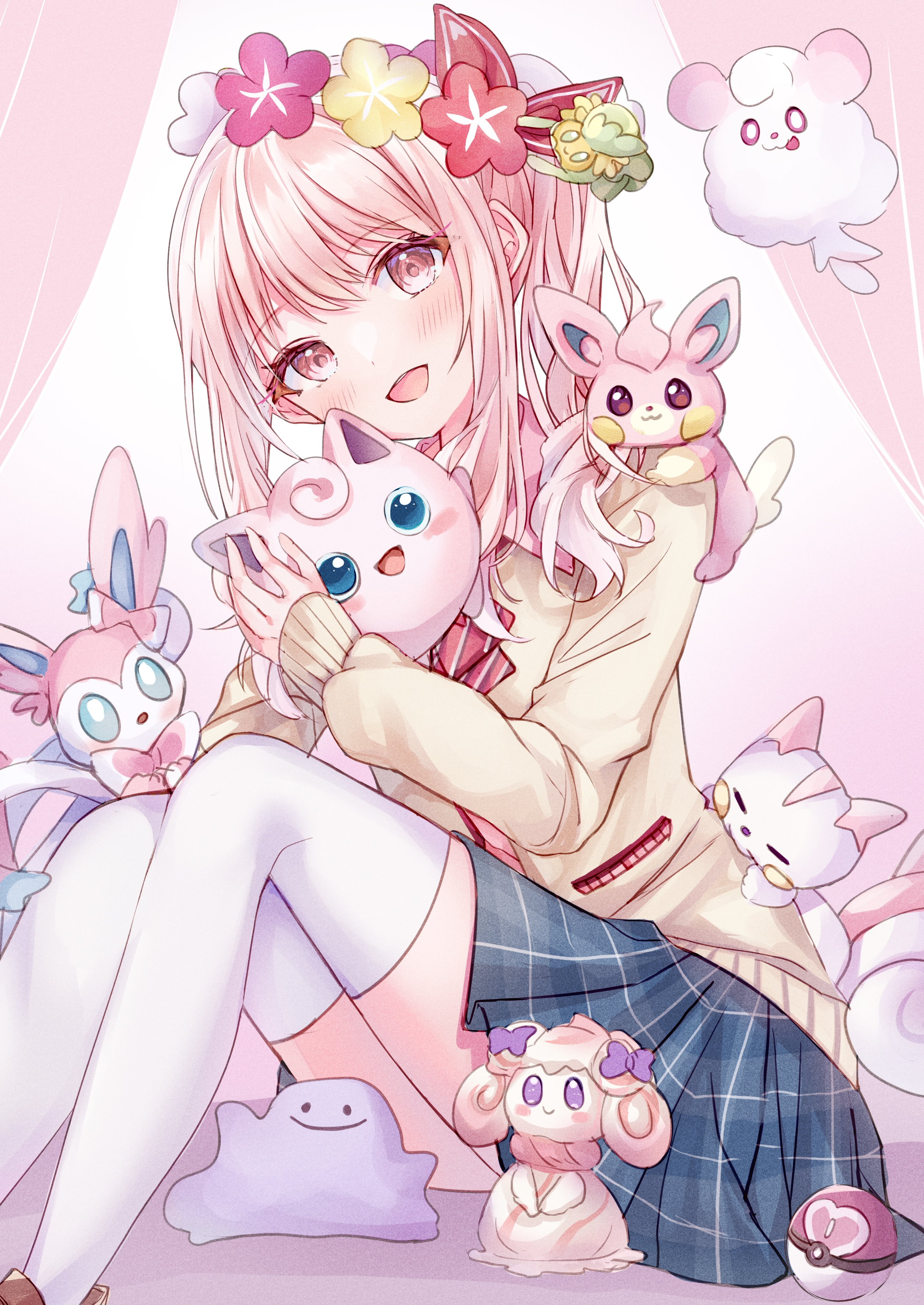 shafu! (404not found), akiyama mizuki, alcremie, alcremie (ribbon sweet), alcremie (ruby swirl), comfey, ditto, jigglypuff, pachirisu, pawmi, swirlix, sylveon, nintendo, pokemon, project sekai, absurdres, commentary request, highres, 1other, :d, alternate color, blue skirt, blush, bow, bowtie, cardigan, collared shirt, crossover, curtains, diagonal-striped bow, diagonal-striped bowtie, diagonal-striped clothes, feet out of frame, flower, full body, gen 1 pokemon, gen 4 pokemon, gen 6 pokemon, gen 7 pokemon, gen 8 pokemon, gradient background, hair between eyes, hair bow, hair flower, hair ornament, hair over shoulder, happy, head tilt, holding, holding pokemon, kamiyama high school uniform (project sekai), knees up, long sleeves, love ball, medium hair, miniskirt, on shoulder, open mouth, other focus, pink background, pink eyes, pink flower, pink hair, plaid clothes, plaid skirt, pleated skirt, poke ball, pokemon (creature), pokemon on shoulder, puffy long sleeves, puffy sleeves, red bow, red bowtie, red flower, school uniform, shiny pokemon, shirt, side ponytail, sidelocks, simple background, sitting, skirt, smile, striped bow, striped bowtie, striped clothes, swept bangs, thighhighs, white background, white flower, white shirt, white thighhighs, yellow cardigan, yellow flower, zettai ryouiki