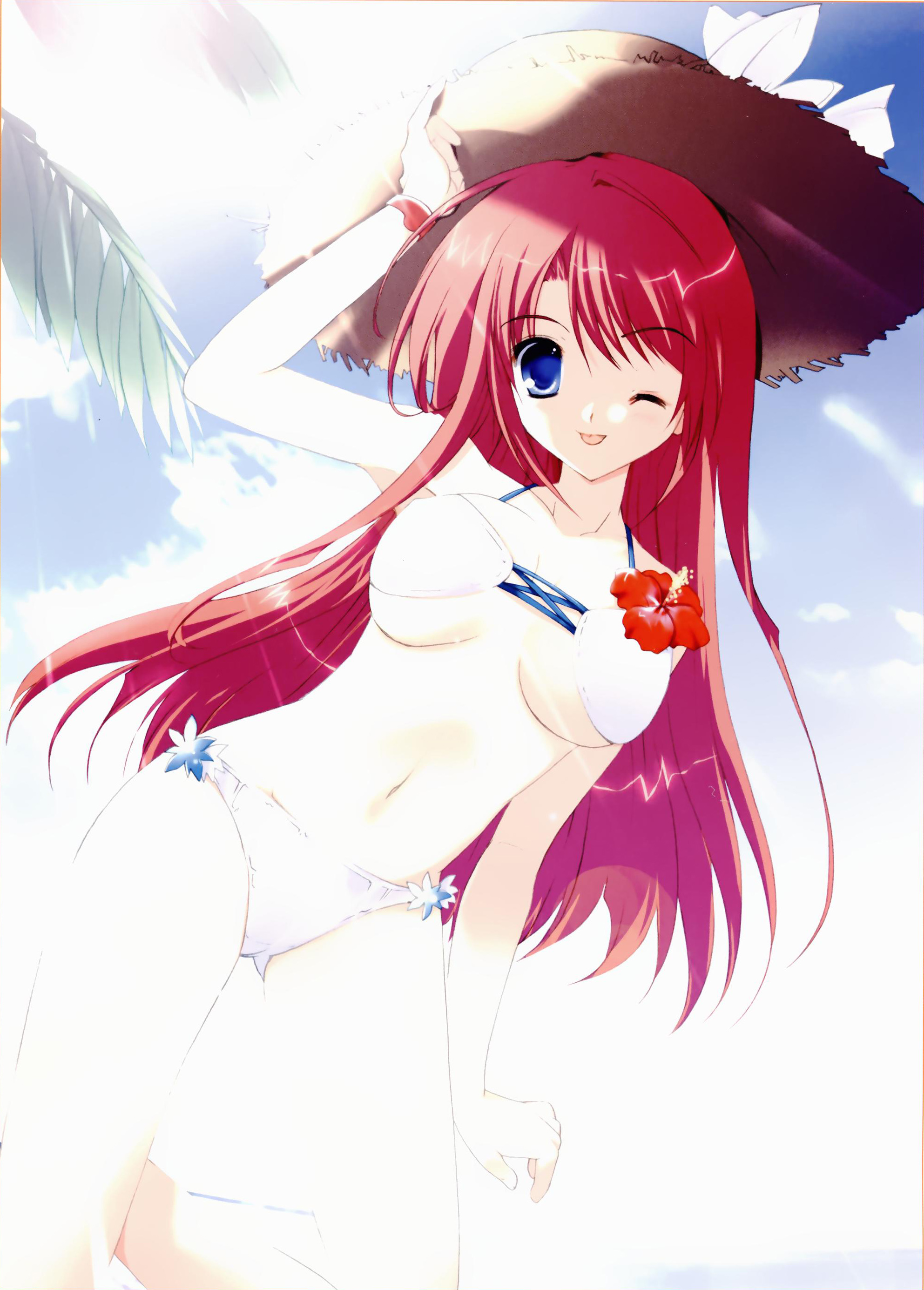 mikeou, tomiya natsuki, double teacher life, pink chuchu, absurdres, highres, 1girl, ;p, bikini, blue eyes, bracelet, breasts, day, female focus, hat, jewelry, long hair, medium breasts, navel, one eye closed, outdoors, red hair, school nurse, sky, solo, straw hat, sunlight, swimsuit, tongue, tongue out, underboob, wink