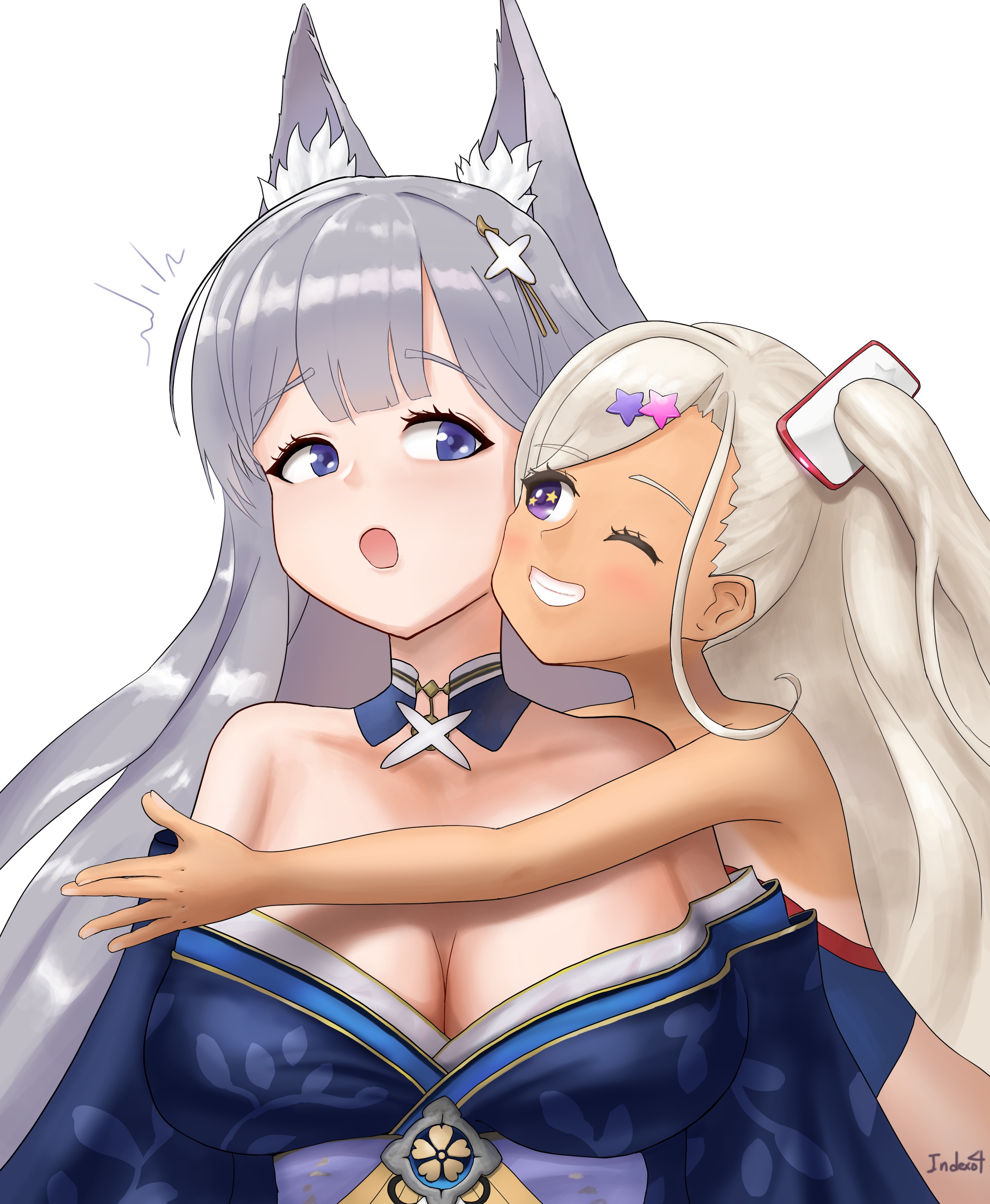 indexo4, archerfish (azur lane), shinano (azur lane), azur lane, absurdres, highres, animal ears, blue eyes, breasts, fox ears, hug, japanese clothes, kimono, one eye closed, purple eyes, surprised, tan, tanline, white hair