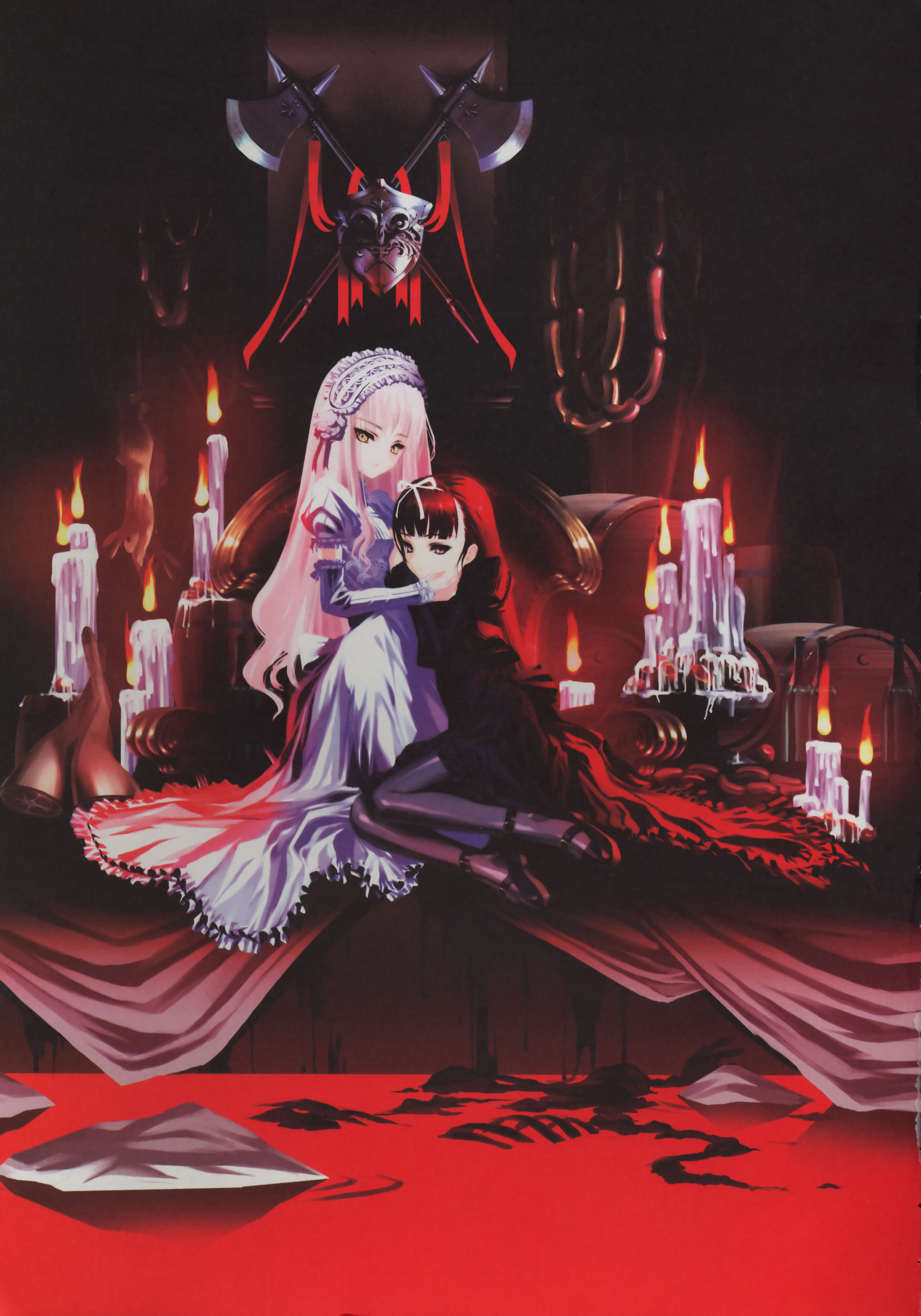choco (chocolate shop), dorothea (chocolate shop), kiyoko, gothic lolita (choco), gothic lolita viander, absurdres, highres, candle, dress, goth fashion, gothic lolita, lolita fashion, pink hair, red eyes, red hair, yellow eyes