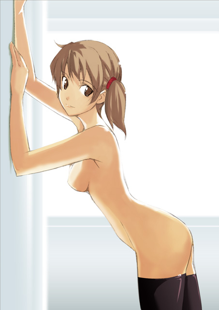 1girl, breasts, brown eyes, brown hair, female focus, nude, solo, thighhighs, twintails