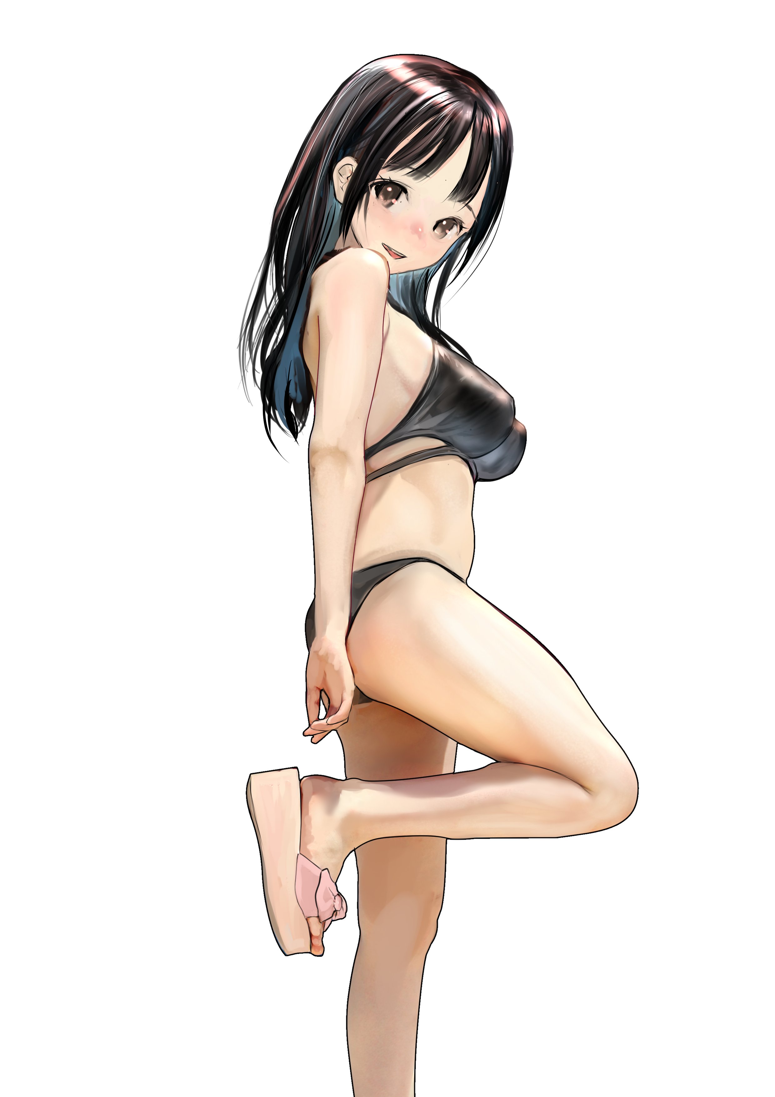 emutsuichi, original, absurdres, commentary, highres, 1girl, ass, bare shoulders, bikini, black bikini, black hair, blush, breasts, brown eyes, legs, long hair, looking at viewer, open mouth, sandals, simple background, smile, solo, stomach, swimsuit, white background