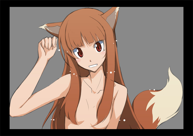 holo, spice and wolf, 00s, 1girl, animal ears, black border, border, breasts, collarbone, female focus, nude, small breasts, solo, tail, topless frame, upper body, wolf ears, wolf tail