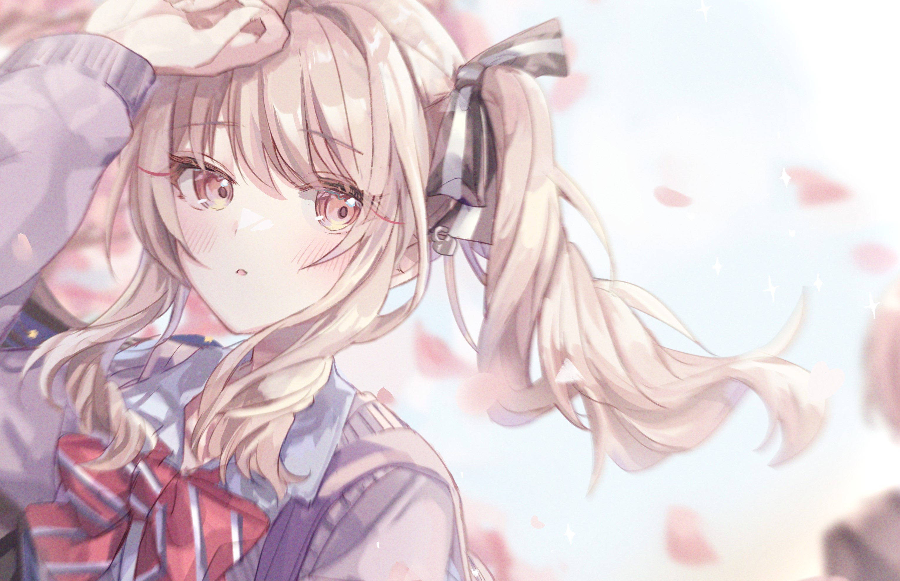 shafu! (404not found), akiyama mizuki, project sekai, commentary request, highres, 1other, :o, backpack, bag, black bow, blue sky, blurry, blurry foreground, bow, bowtie, cardigan, cherry blossoms, collared shirt, day, diagonal-striped bow, diagonal-striped bowtie, diagonal-striped clothes, drill hair, film grain, hair between eyes, hair bow, hand on own head, kamiyama high school uniform (project sekai), light particles, long sleeves, looking at viewer, medium hair, other focus, outdoors, parted lips, pink petals, portrait, puffy long sleeves, puffy sleeves, purple bag, purple cardigan, red bow, red bowtie, school uniform, shirt, side drill, side ponytail, sidelocks, sideways glance, sky, solo, sparkle, striped bow, striped bowtie, striped clothes, swept bangs, two-tone bow, white bow, white shirt, wind
