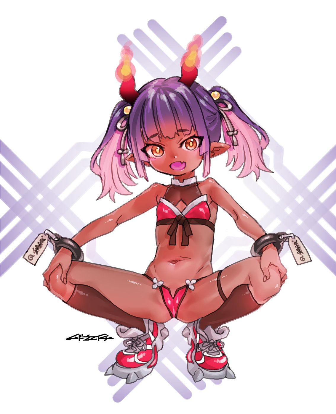 mudou eichi, original, highres, bikini, breasts, dark skin, demon horns, horns, orange eyes, purple hair, red bikini, red shoes, shoes, simple background, small breasts, solo, spiked shoes, spikes, spread legs, squatting, swimsuit, wrist cuffs
