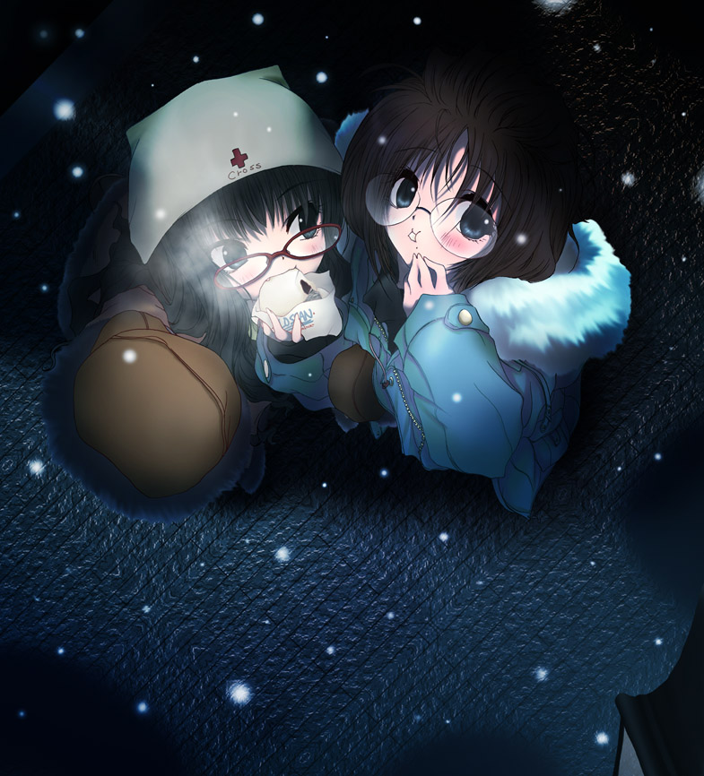odagiri sakura, original, wrapper, 2girls, black hair, blue coat, blue eyes, blush, brown hair, clothes writing, coat, eating, fang, food, food in mouth, glasses, grey hat, hat, holding, holding food, hood, hood down, long sleeves, looking at viewer, mole, mole under mouth, multiple girls, red-framed eyewear, rimless eyewear, snowing, steamed bun, upper body, winter, winter clothes, winter coat