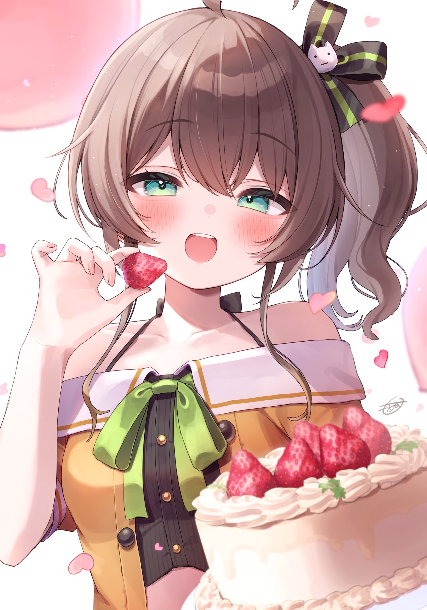 monuke (monu), natsuiro matsuri, natsuiro matsuri (1st costume), hololive, highres, 1girl, black ribbon, blush, brown hair, cake, cat hair ornament, fingernails, food, fruit, green eyes, hair ornament, hair ribbon, heart, holding, holding food, open mouth, ribbon, side ponytail, smile, solo, strawberry, virtual youtuber, white background