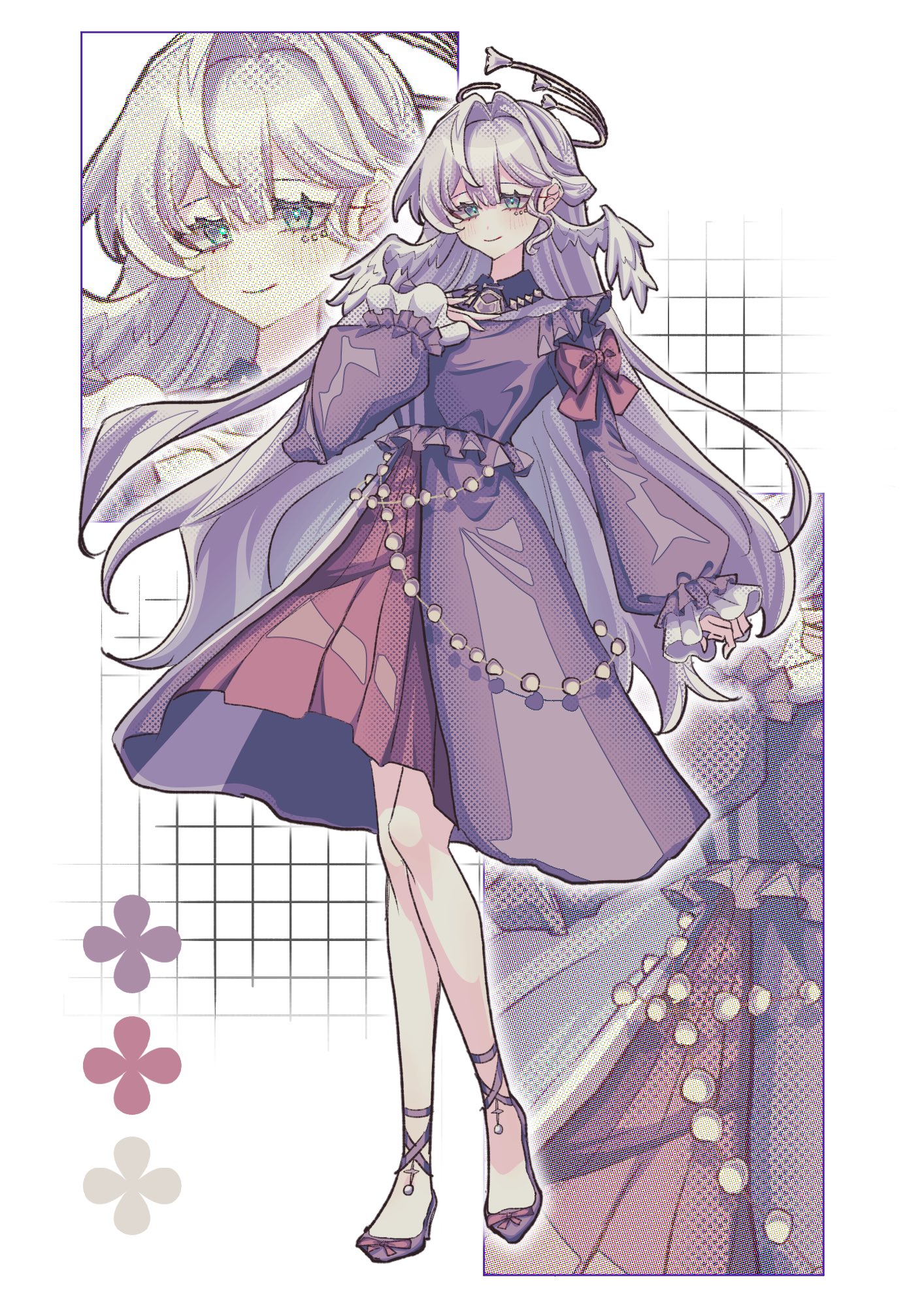 robin (honkai: star rail), honkai: star rail, honkai (series), highres, 1girl, dress, halo, halo behind head, head wings, jewel under eye, multicolored eyes, purple dress, solo, toriniku (tori paku2), two-tone dress, two-tone eyes, white hair, white wings, wings