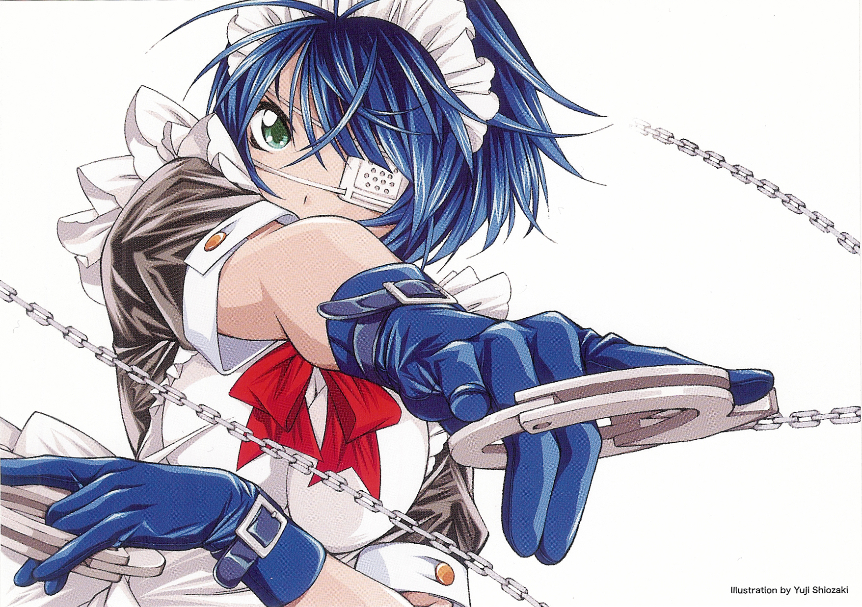 shiozaki yuji, ryomou shimei, ikkitousen, highres, official art, 00s, blue hair, cuffs, eyepatch, gloves, green eyes, handcuffs, maid, solo