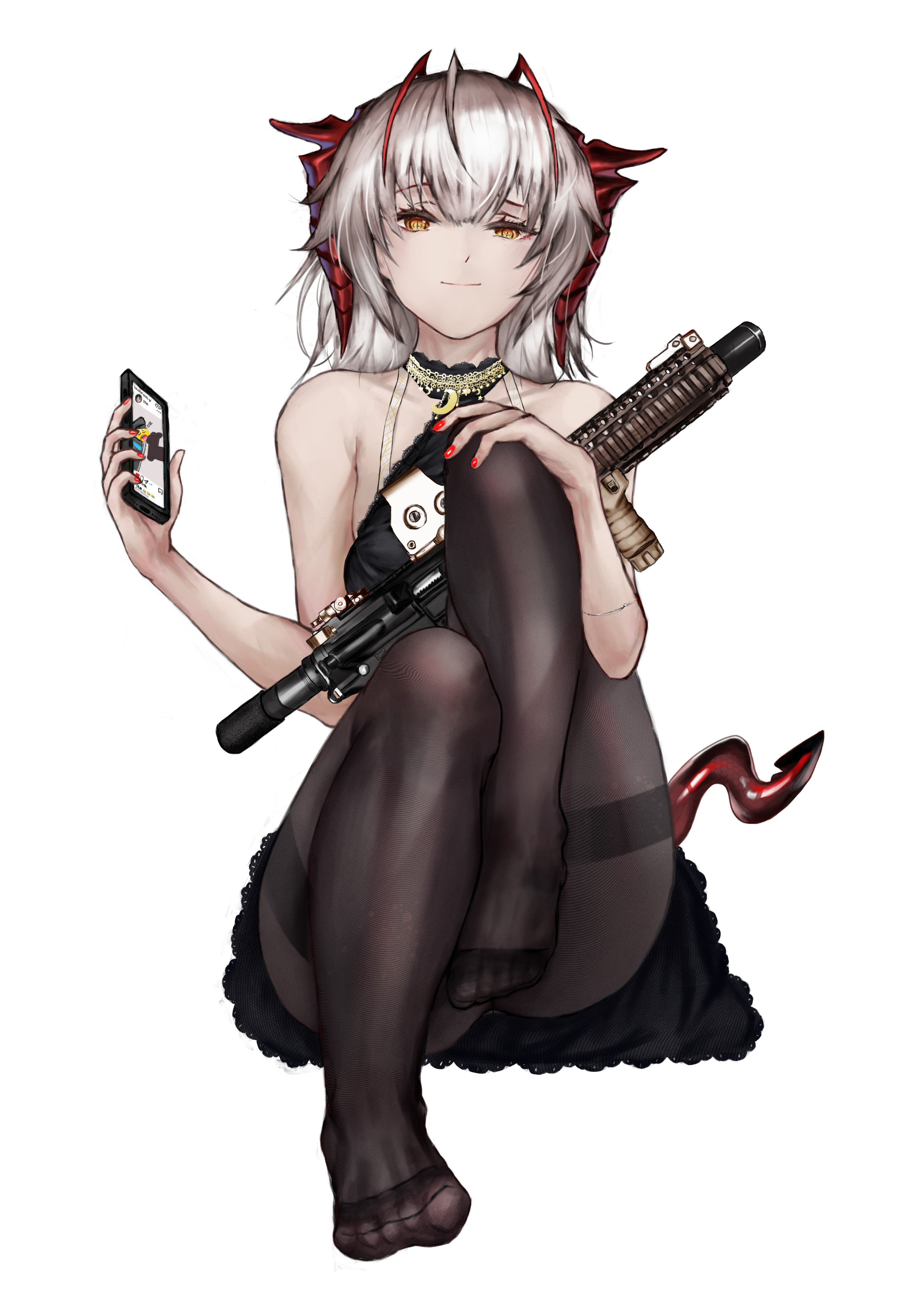 xuanren69, w (arknights), arknights, absurdres, chinese commentary, commentary, highres, 1girl, antenna hair, ar-15, assault rifle, bare shoulders, black dress, black pantyhose, breasts, cellphone, closed mouth, demon horns, dress, full body, grey hair, gun, holding, holding gun, holding phone, holding weapon, horns, knee up, long hair, looking at viewer, nail polish, no shoes, pantyhose, phone, red nails, rifle, sitting, smartphone, solo, strapless, strapless dress, weapon, white background, yellow eyes