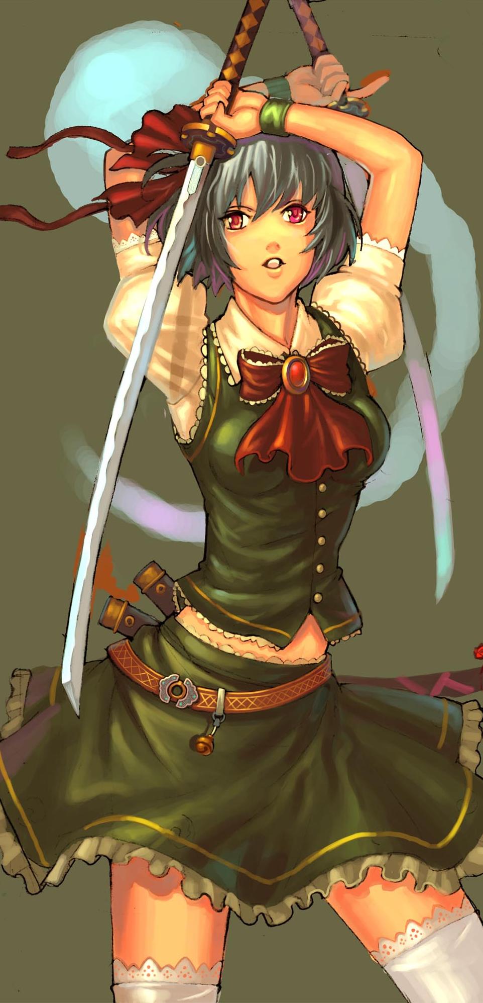 konpaku youmu, konpaku youmu (ghost), touhou, highres, 1girl, female focus, hitodama, katana, red eyes, solo, sword, weapon, white hair
