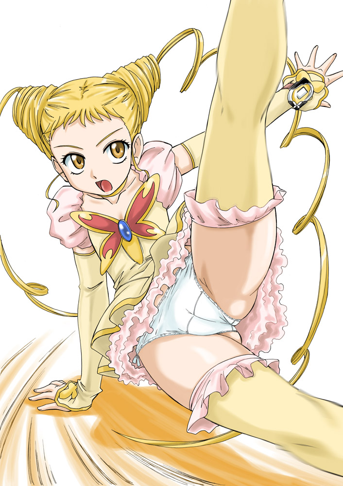 wan'yan aguda, cure lemonade, kasugano urara (yes! precure 5), precure, yes! precure 5, 00s, 1girl, cameltoe, cone hair bun, eyelashes, female focus, hair bun, kicking, magical girl, panties, pantyshot, solo, thighhighs, underwear, white panties, yellow thighhighs