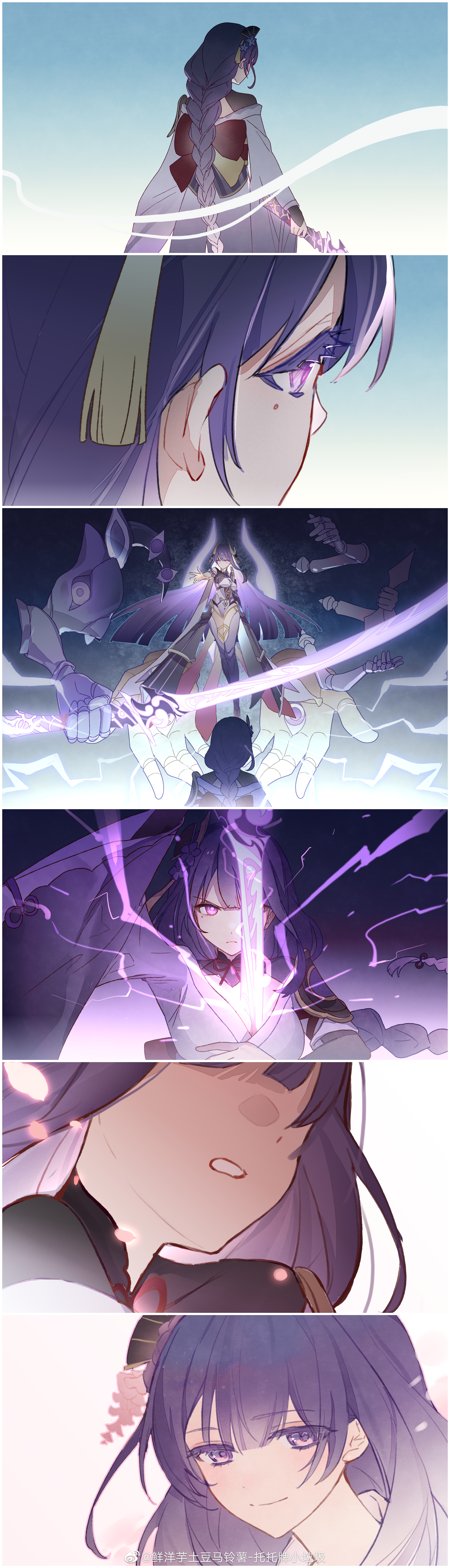 xianyangyutoumalingshu, makoto (genshin impact), raiden shogun, raiden shogun (magatsu mitake narukami no mikoto), genshin impact, absurdres, highres, spoilers, 3girls, angry, arm up, armor, asymmetrical sleeves, back, blue sky, blunt bangs, braid, breasts, bridal gauntlets, cherry blossoms, cleavage, clenched teeth, close-up, closed mouth, covered collarbone, dual persona, electricity, fake horns, falling petals, fan hair ornament, floating, flower, flower ornament, from behind, from side, glowing, glowing eyes, glowing petals, glowing sword, glowing weapon, gradient hair, hair ornament, hair ribbon, headpiece, holding, holding sword, holding weapon, horns, human scabbard, humanoid robot, japanese armor, japanese clothes, joints, katana, kimono, large breasts, leaning forward, light blush, light smile, long braid, long hair, looking at viewer, mechanical arms, mechanical hands, mitsudomoe (shape), mole, mole under eye, multicolored hair, multiple girls, musou isshin (genshin impact), neck ribbon, no eyes, off shoulder, official alternate costume, outdoors, petals, pink petals, pink sky, powering up, purple eyes, purple flower, purple hair, purple kimono, red ribbon, red sash, ribbon, robot, robot girl, robot joints, sash, shaded face, shoulder armor, siblings, single braid, sisters, sky, smoke, smoke trail, standing, sword, teeth, tomoe (symbol), twins, uneven sleeves, upper body, weapon, wide sleeves, wisteria