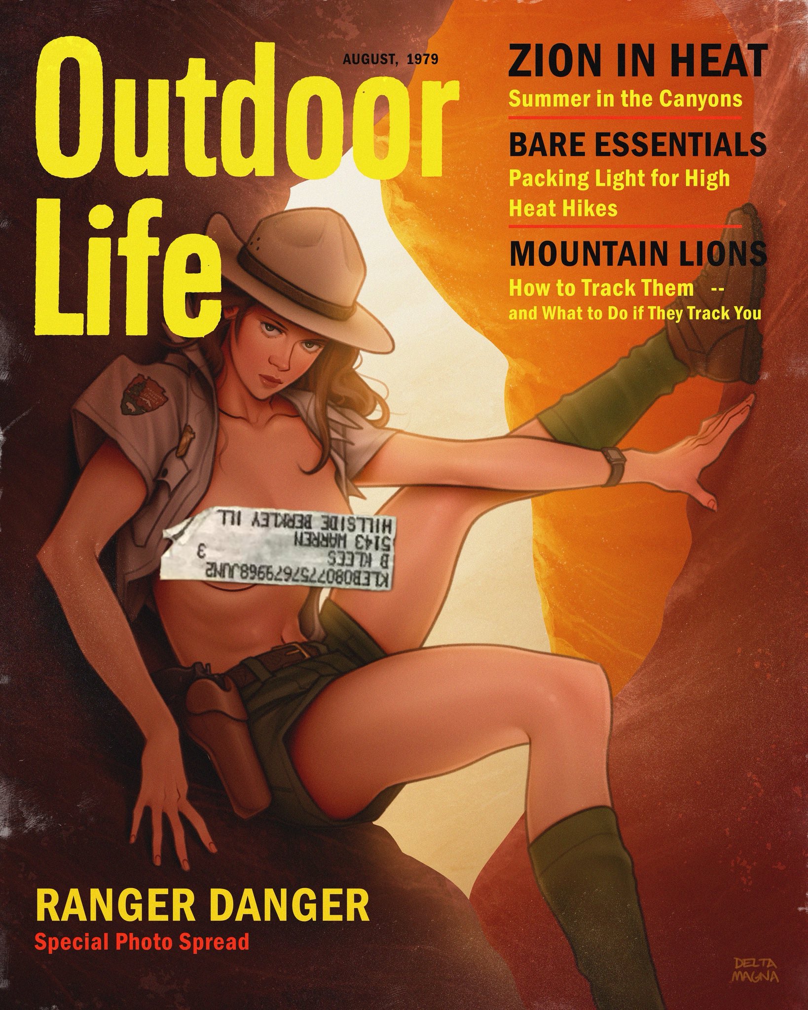 deltamagna, original, commentary, english commentary, highres, 1girl, belt, blue eyes, breasts, brown belt, brown hair, brown hat, brown shirt, brown shoes, campaign hat, collarbone, convenient censoring, cover, english text, fake magazine cover, green shorts, green socks, gun, handgun, hat, holster, looking at viewer, magazine cover, medium breasts, national park service, navel, no bra, open clothes, open shirt, patch, rock climbing, shirt, shoes, short sleeves, shorts, shoulder patch, socks, solo, sticker, stomach, weapon, zion national park