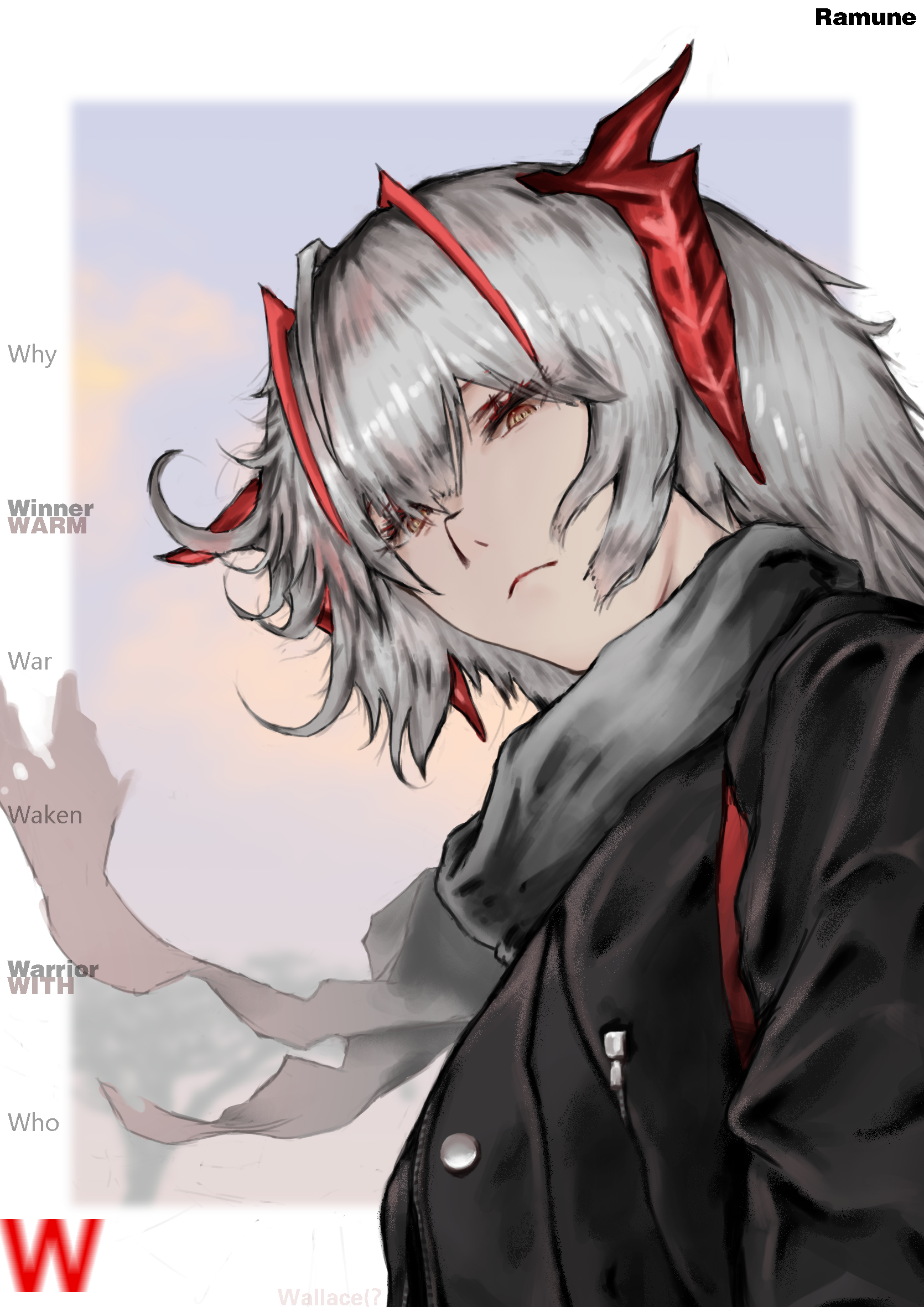 xuanren69, w (arknights), arknights, commentary, highres, mixed-language commentary, 1girl, antenna hair, black jacket, blurry, blurry background, border, character name, closed mouth, demon horns, english text, grey hair, grey scarf, horns, jacket, long hair, long sleeves, looking at viewer, sad, scarf, simple background, solo, upper body, white border, yellow eyes