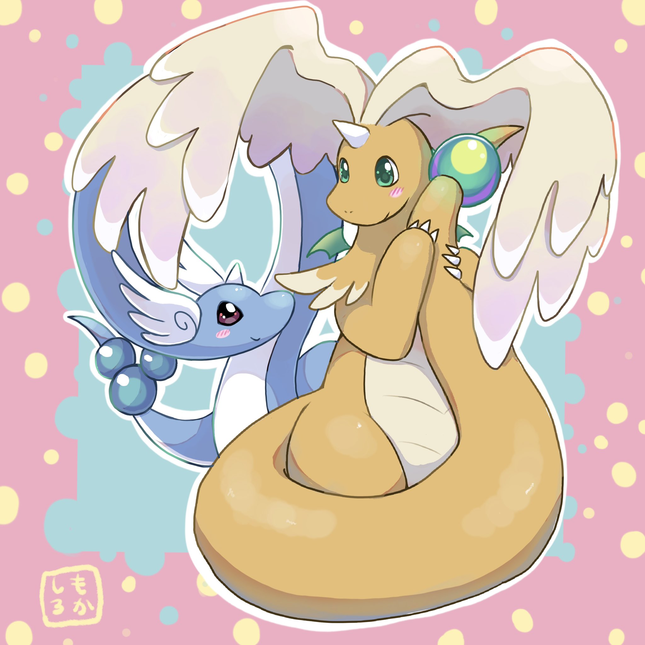 moshi2hitomoshi, dragonair, dragonite, mega dragonite, nintendo, pokemon, commentary request, highres, blush, claws, closed mouth, dragon, gen 1 pokemon, green eyes, head wings, pokemon (creature), pokemon focus, purple eyes, signature, smile, tail, wings