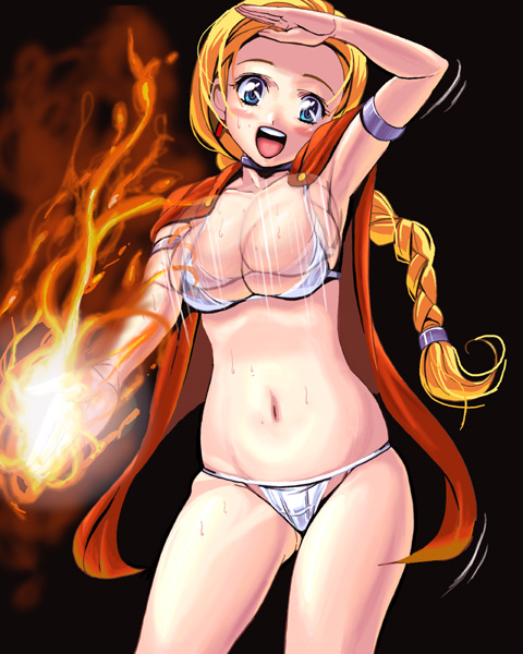 kouno (masao), bianca (dq5), dragon quest, dragon quest v, 1girl, bikini, blonde hair, blue eyes, bouncing breasts, breasts, cowboy shot, female focus, large breasts, solo, swimsuit, white bikini