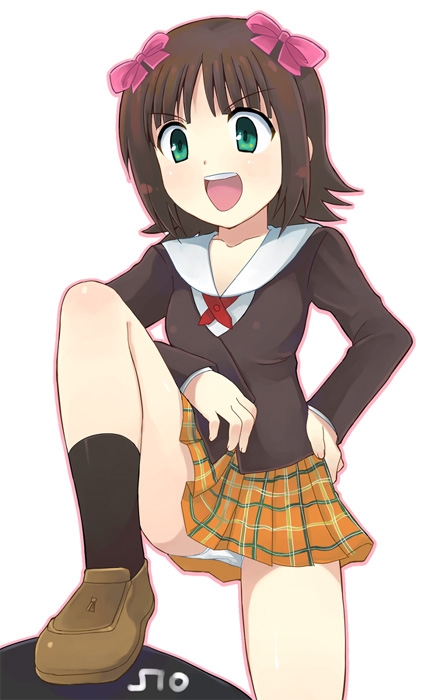 otoutogimi, amami haruka, idolmaster, idolmaster (classic), idolmaster 1, 00s, 1girl, brown shoes, female focus, panties, pantyshot, plaid clothes, plaid skirt, school uniform, serafuku, shoes, skirt, solo, underwear