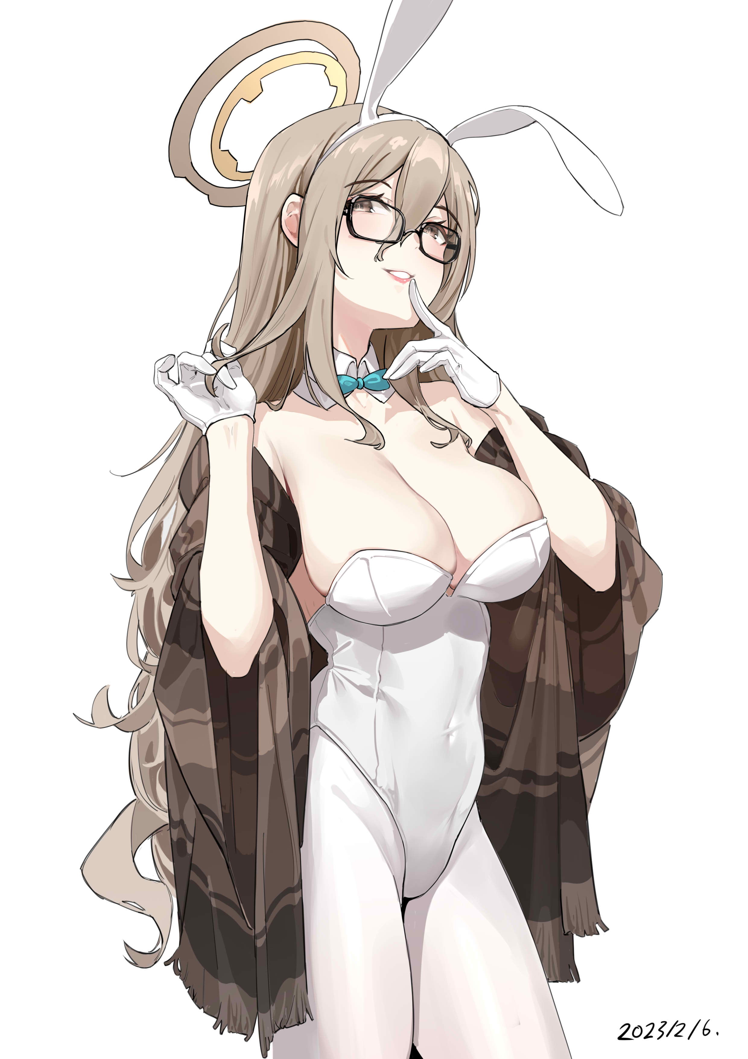 cou di di, akane (blue archive), akane (bunny) (blue archive), blue archive, absurdres, chinese commentary, commentary, highres, 1girl, 2023, aqua bow, aqua bowtie, bare shoulders, black-framed eyewear, blush, bow, bowtie, breasts, brown eyes, brown hair, brown halo, cleavage, cowboy shot, dated, detached collar, glasses, gloves, groin, half gloves, halo, hands up, large breasts, leotard, long hair, looking at viewer, official alternate costume, pantyhose, parted lips, pink lips, playboy bunny, simple background, smile, solo, strapless, strapless leotard, very long hair, white background, white gloves, white leotard, white pantyhose