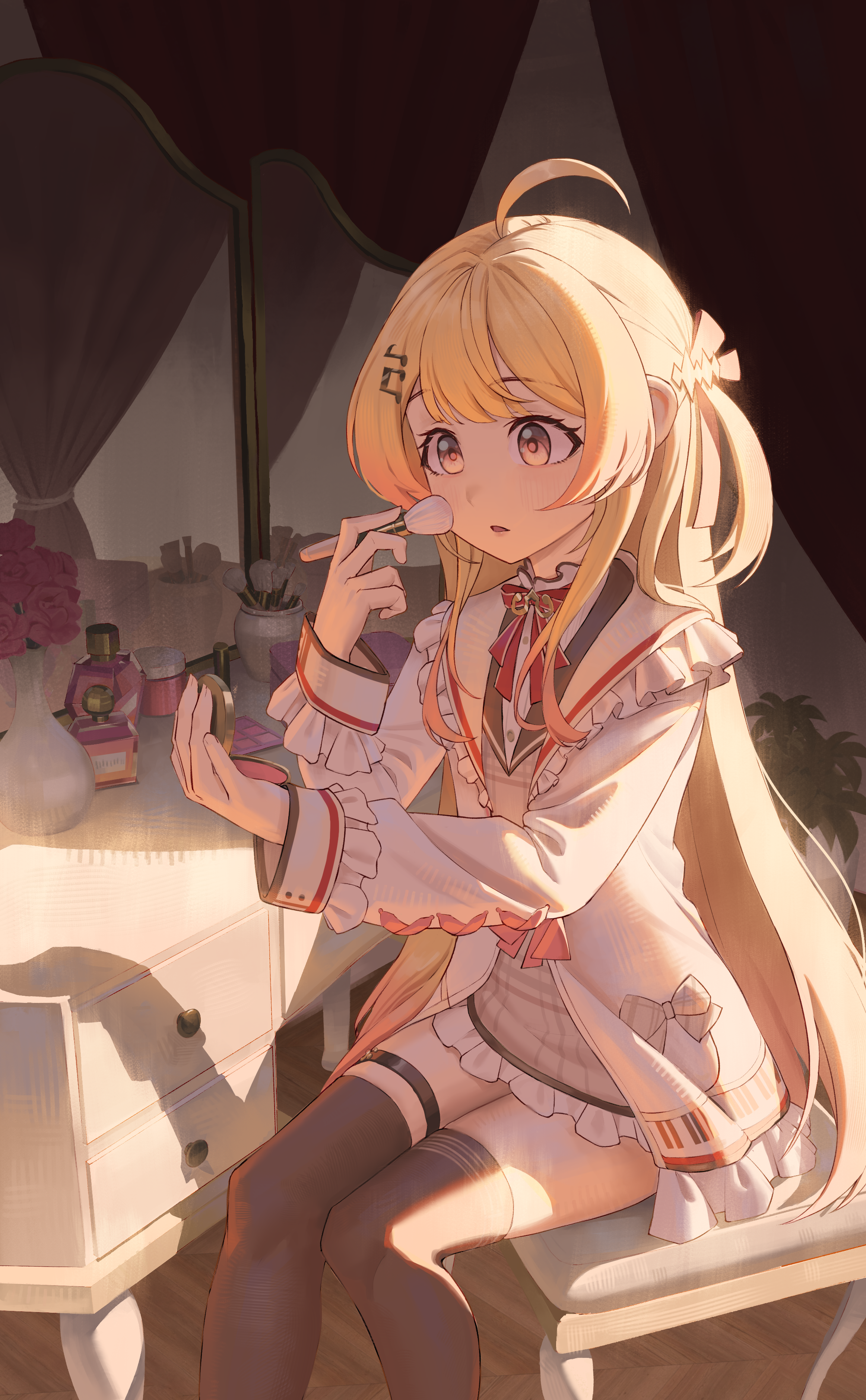 jesslapt, otonose kanade, otonose kanade (1st costume), hololive, absurdres, highres, 1girl, ahoge, applying makeup, backlighting, black thighhighs, blonde hair, blush, bottle, chair, dress, flower, fortissimo, frilled cuffs, frilled jacket, frills, gradient hair, hair between eyes, hair ornament, hair ribbon, hairclip, indoors, jacket, long sleeves, makeup brush, multicolored hair, musical note, musical note hair ornament, on chair, one side up, open mouth, orange eyes, perfume bottle, piano print, red flower, red ribbon, red rose, ribbon, rose, shirt, sitting, solo, thigh strap, thighhighs, vase, virtual youtuber, white jacket