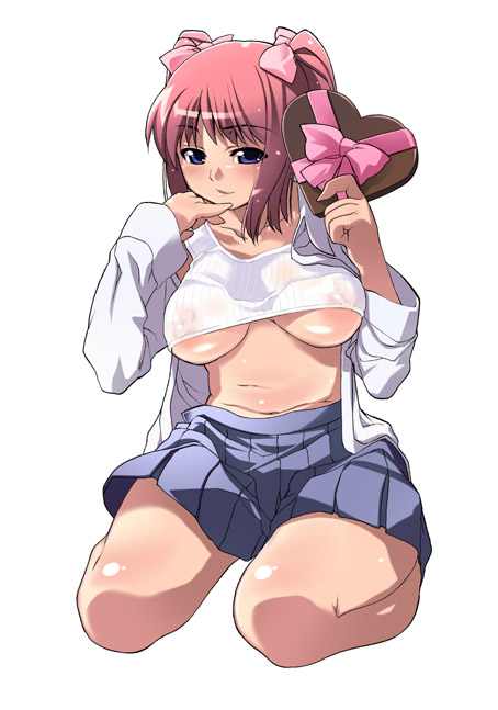 yoshihara maito, original, 1girl, blue eyes, breasts, covered erect nipples, female focus, large breasts, open clothes, open shirt, pink hair, plump, shirt, short twintails, solo, twintails, underboob, valentine