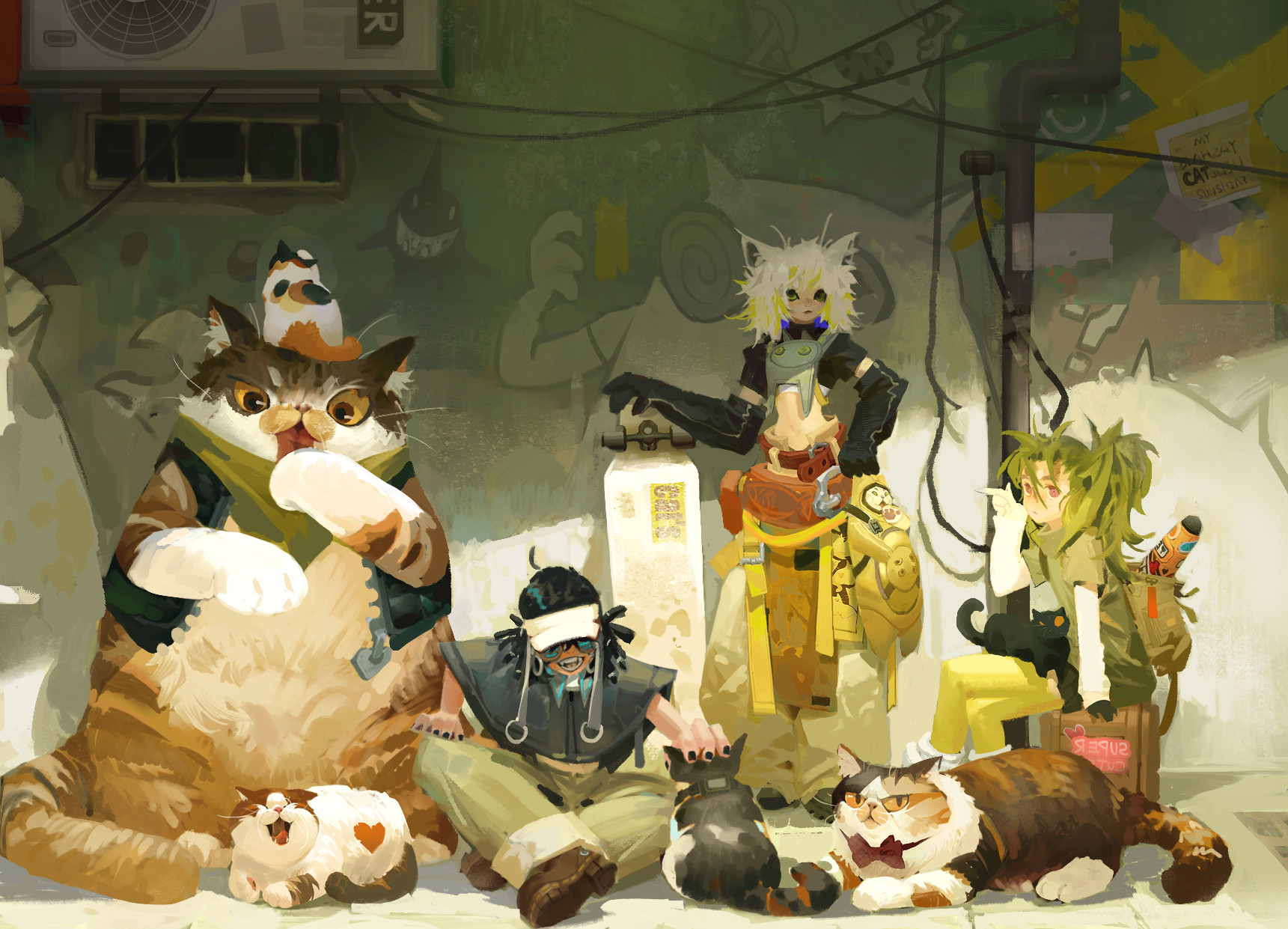 original, highres, 3others, animal, animal ears, armor, backpack, bag, baggy pants, belt, black capelet, black cat, black gloves, black hair, black nails, black shirt, black shoes, boots, breastplate, brown boots, brown loincloth, capelet, cat, cat ears, condenser unit, crop top, day, elbow gloves, gloves, goggles, graffiti, green hair, green shirt, hand on own hip, hand rest, hand up, layered sleeves, long sleeves, midriff, multiple others, nail polish, navel, no lineart, outdoors, oversized animal, painterly, pants, petting, pink eyes, ponytail, red belt, rubber gloves, shade, shirt, shoes, short over long sleeves, short sleeves, single glove, sitting, skateboard, standing, thighhighs, turtleneck, turtleneck shirt, wangsishui, white boots, white hair, wide shot, yellow pants, yellow thighhighs
